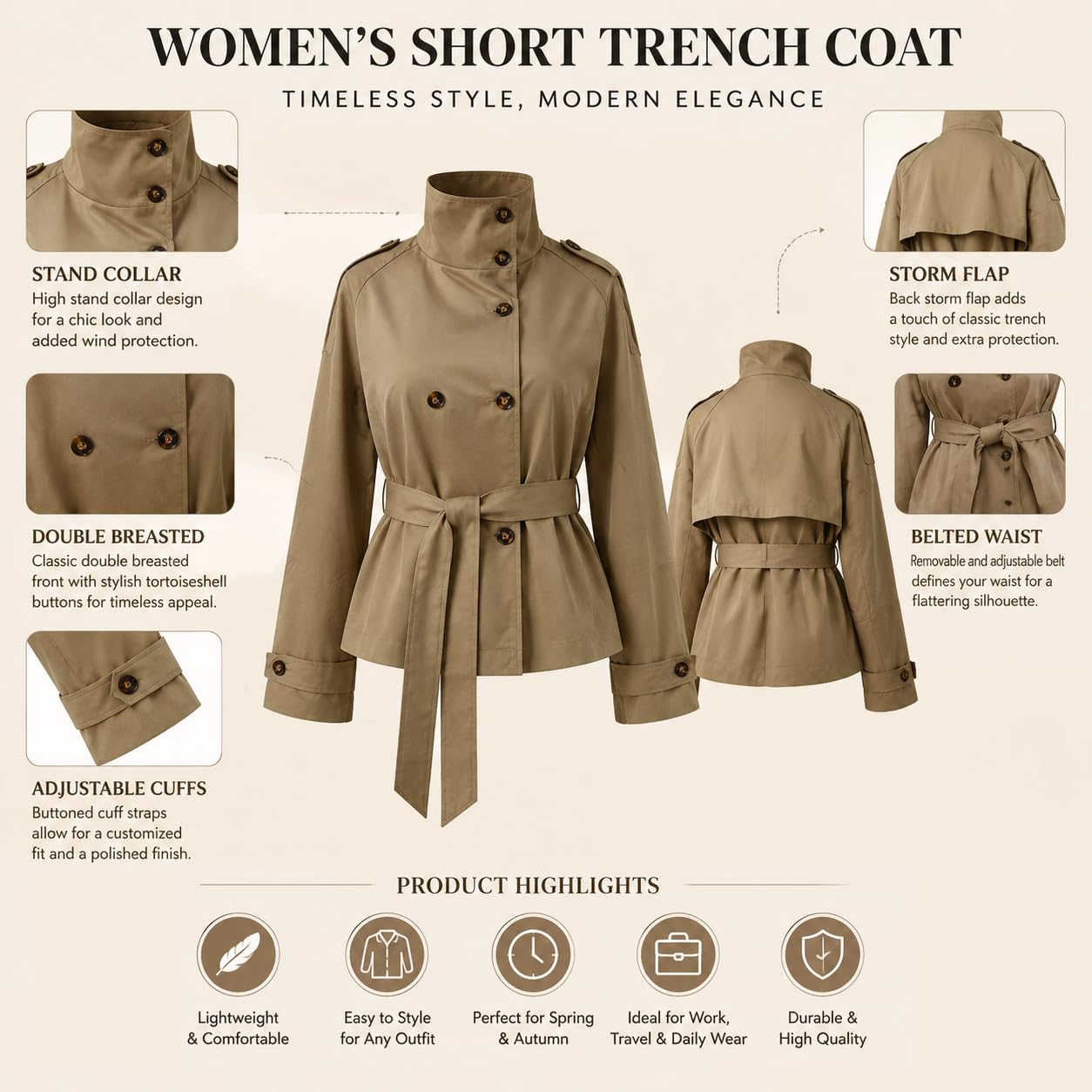 Damen Kurz-Trenchcoat Mit Stehkragen, Doppelreiher Und Gürtel Winddicht