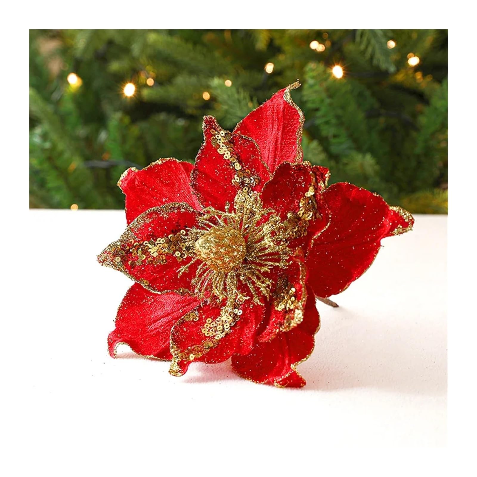 CVEVSFG Glitter Flower Artificial Flowers Head For Xmas Tree Pendant Party Home Decor Fake Garland Ornaments(A-red)