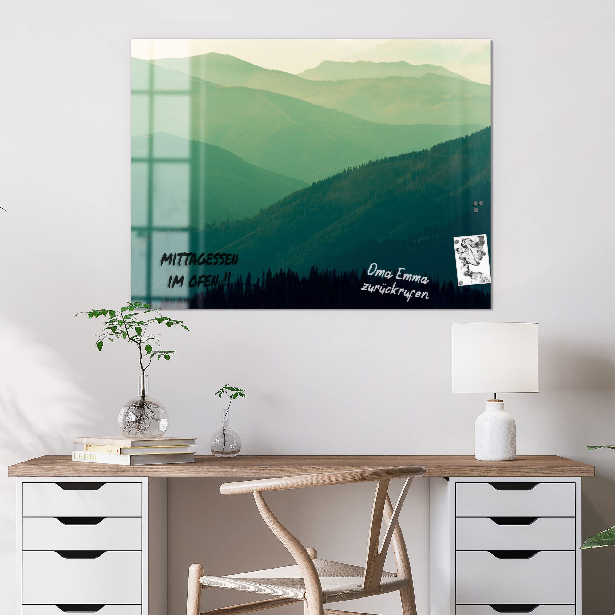 DEQORI Szklana tablica magnetyczna, wymiary 120 x 90 cm, motyw "zaludnione wisze", tablica memo ze szkła, tablica magnetyczna z magnesami, długopisem i chusteczką do kuchni i biura, tablica magnetyczna i do pisania