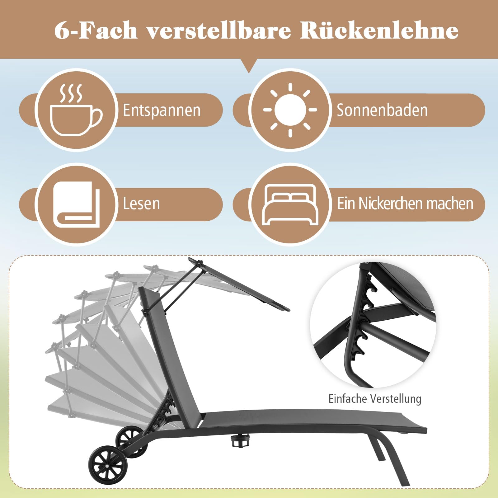 COSTWAY Sonnenliege mit Rollen, Dach und Getränkehalter, Gartenliege mit Verstellbarer Rückenlehne, Terrassenliege, Liegestuhl, Rollliege für Garten, Terrasse, Balkon (Grau)