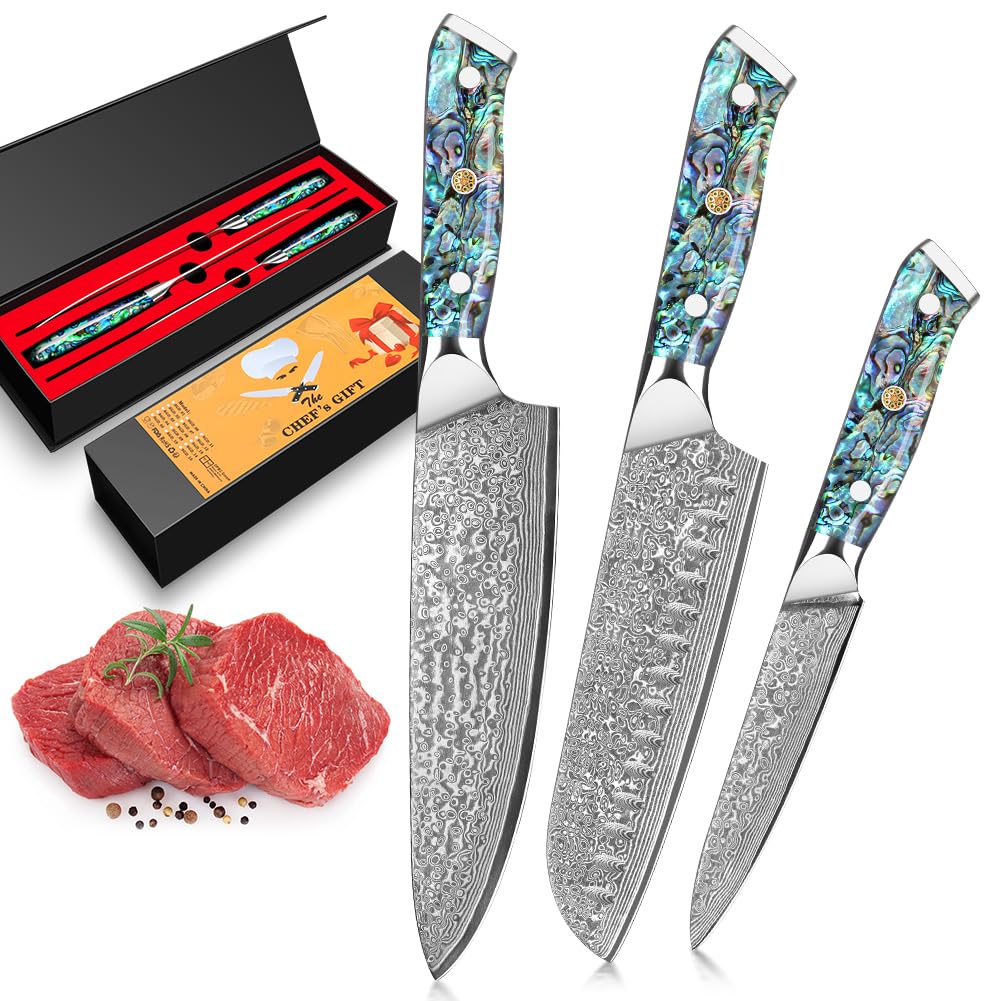 KEENZO 3PCS Kitchen Knife Set,Professional kitchen knives with 8" Chef knife,7" Santoku knife,5" Utility Knife,Japanese Hand Forged Damascus Steel Cooking knife set,Ergonomic Abalone Shell Handle — Amazon image 8