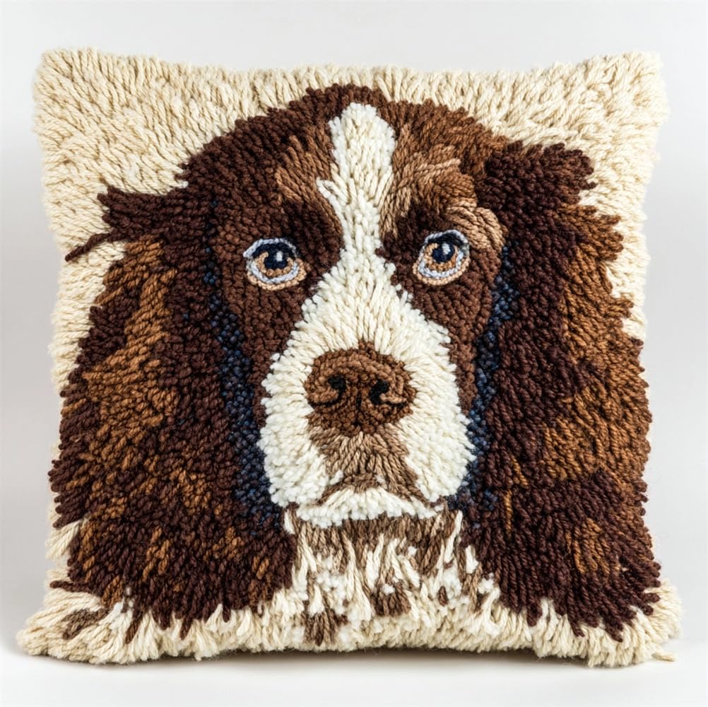 kitphoenix Latch Hook Cushion Kits Springer Spaniel Dog Latch Hook Pillow Case Kits Embroidery Kits 17X17Inch DIY Needlework Pillow Cover Sofa Cushion Rug Making Kits, DIY Craft Kits 17X17Inch