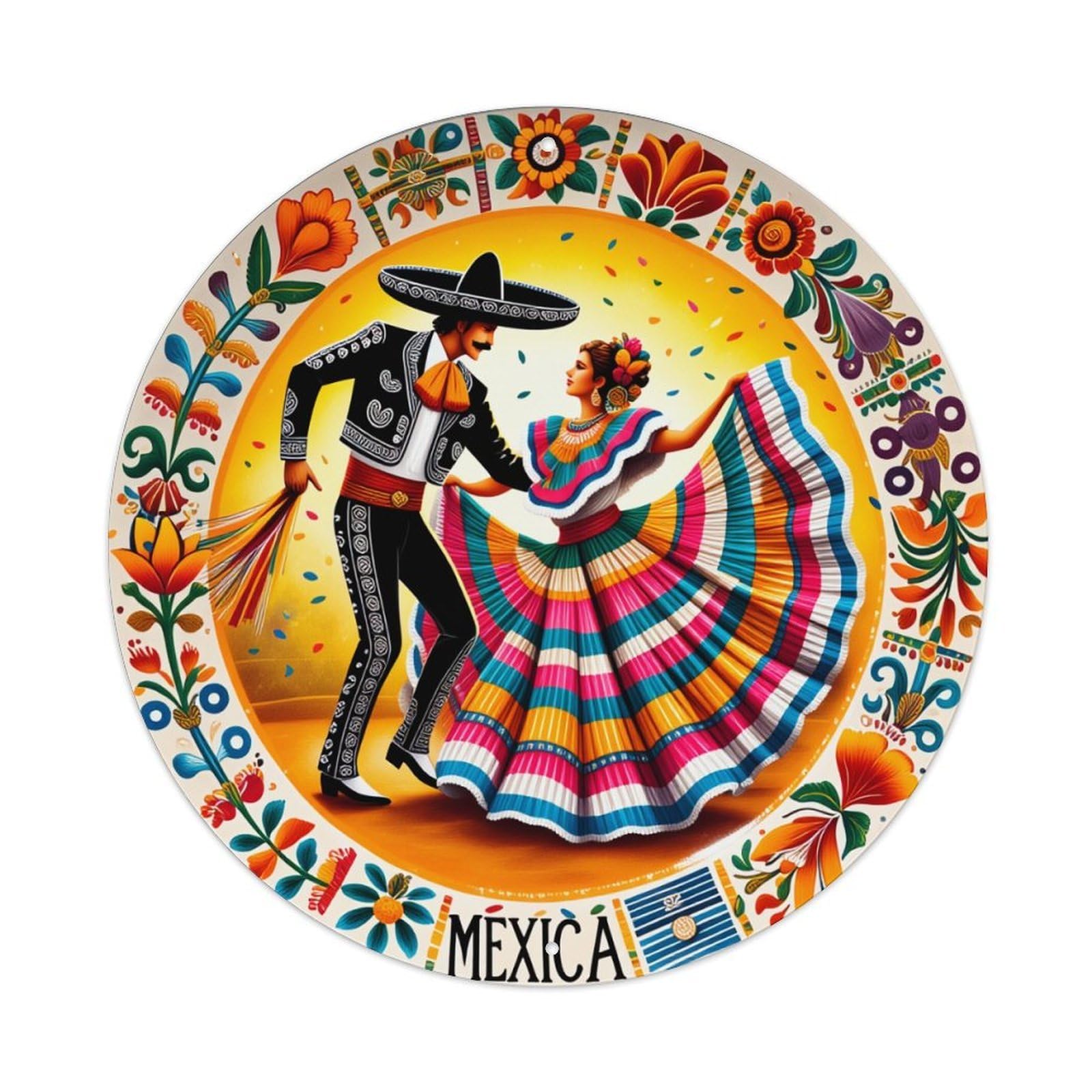 Mexican Dance Couple Pattern Round Tin Sign Vintage Metal Poster, Home Bar Garage Man Cave Cafe Indoor & Outdoor Wall Decoration 8x8Inches