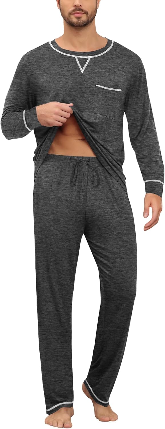SWOMOG Mens Pajamas Set Modal Long Sleeve Sleepwear Crew Neck Pjs 2 Piece Loungewear Nightshirt Top & Pants with Pockets - Image 3