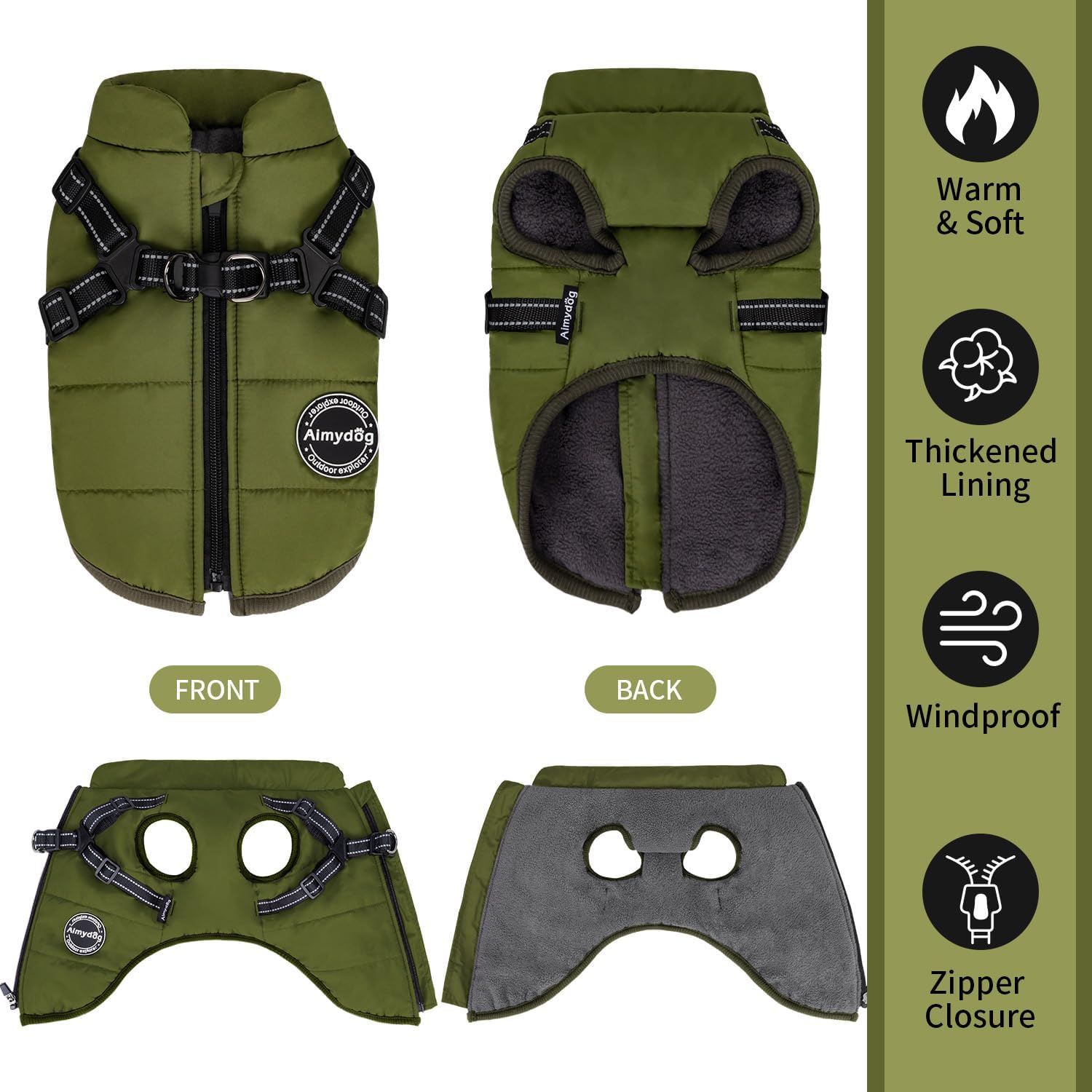Warm Dog Winter Coat, Fashion Sports Cold Weather Jacket with Built-in Harness, Reflective & Adjustable Comfortable Pet Vest, Windproof Apparel for Small Medium Large Dogs (Green) - Image 4