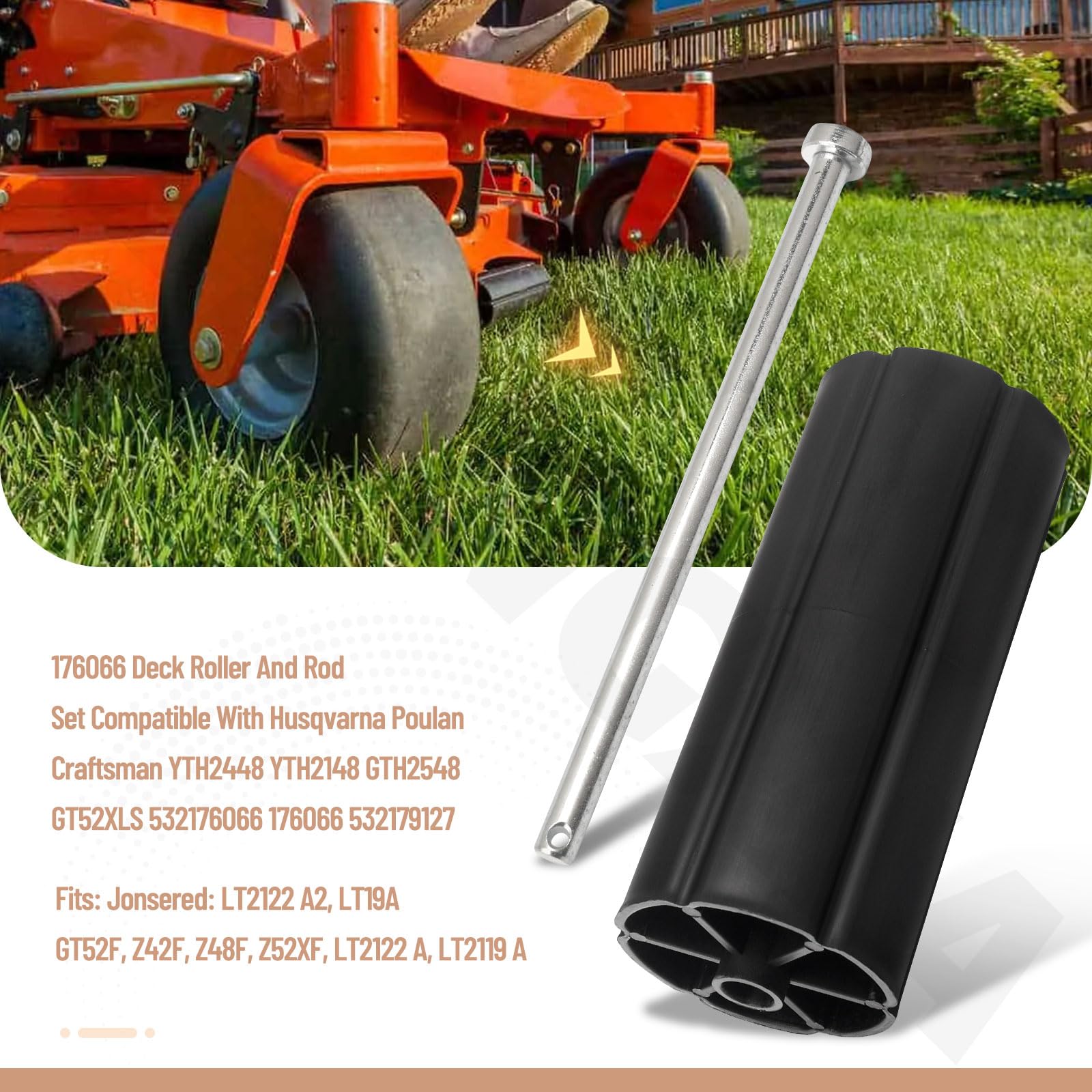 176066 - Juego de rodillo y varilla de cubierta compatible con Husqvarna Poulan Craftsman YTH2448 YTH2148 GTH2548 GT52XLS 532176066 176066 532179127