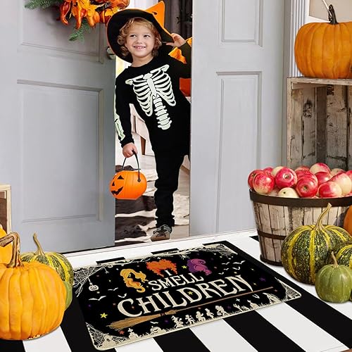 Miniatura 7 de Tapete para puerta de bruja de Halloween, con texto en inglés "I Smell Children", tapete de bienvenida al aire libre, tapete de Halloween, tapete de