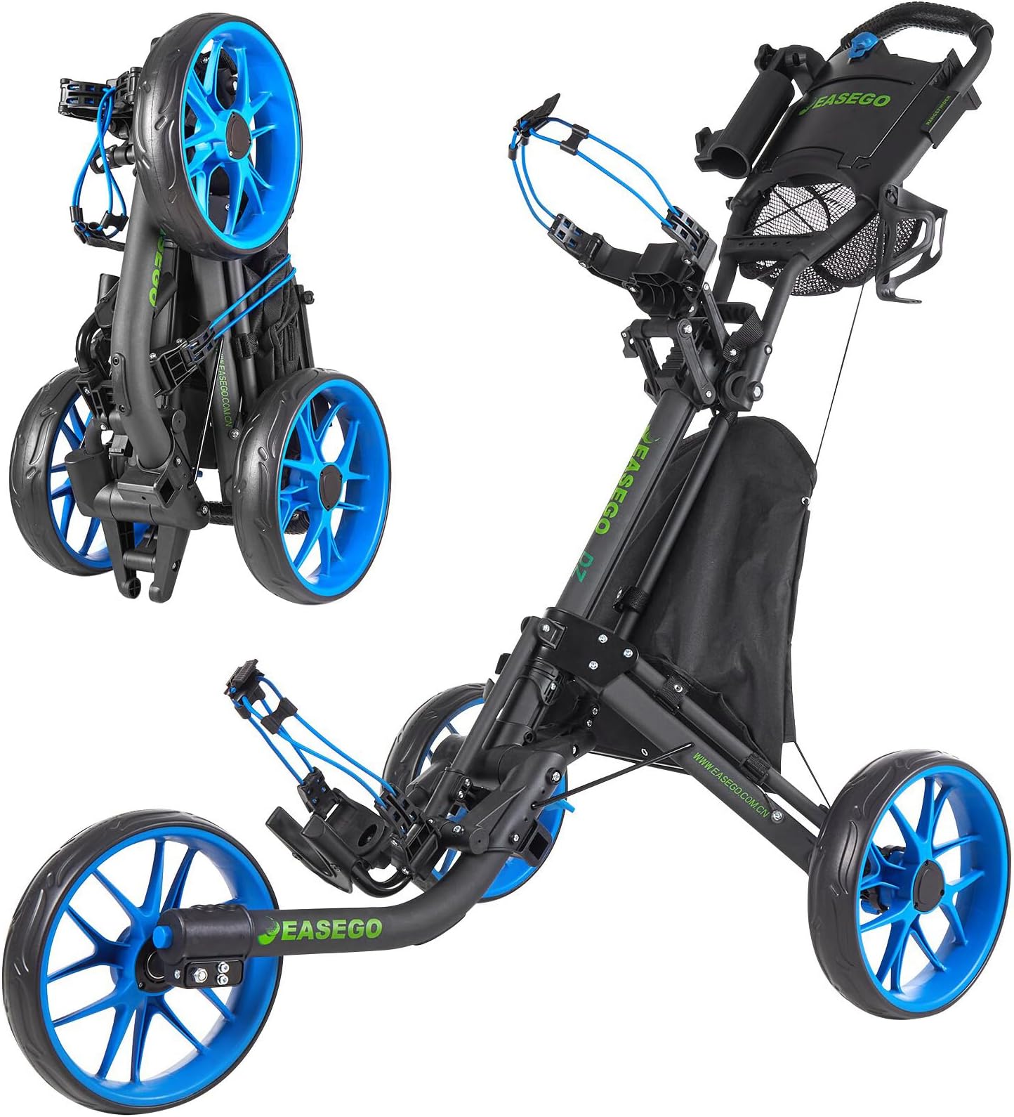 EASEGO Golf Push Cart 3 Wheel : Golf Bag Cart Foldable with Phone Holder/Cup/Umbrella Holder Compact Golf Pull Carts Quick Fold Golf Caddy Push Carts with Large Wheelbase for Different Terrain
