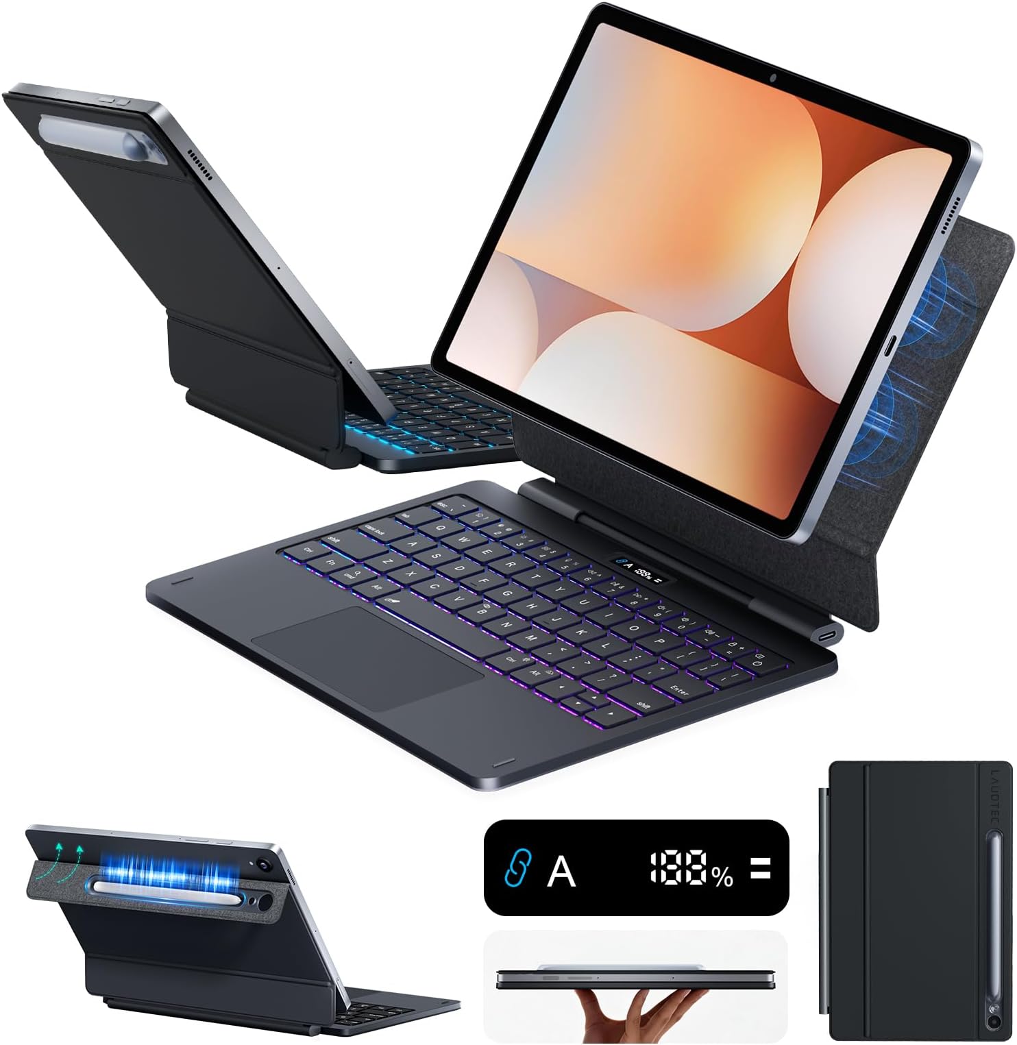 LAUDTEC Magic Keyboard Case for Samsung Galaxy Tab S11 / S9 11inch,S10 Lite / S10 FE / S9 FE 5G 10.9" Floating Cantilever Stand with Multi-Touch Trackpad & LED Display,S Pen Holder & 7-Color Backlit