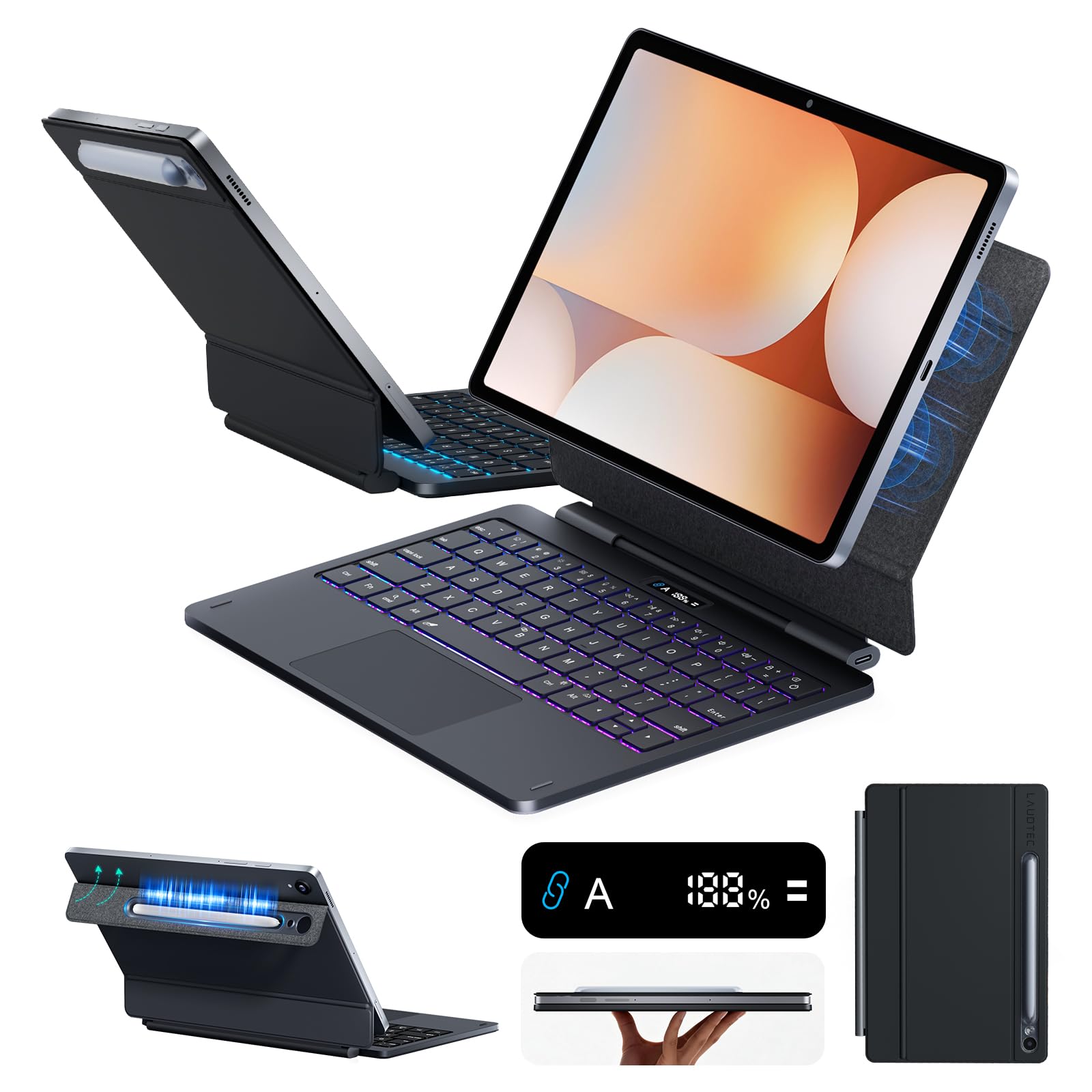 LAUDTEC Magic Keyboard Case for Samsung Galaxy Tab S9 11inch,S10 Lite / S10 FE / S9 FE 5G 10.9" Floating Cantilever Stand with Multi-Touch Trackpad & LED Display,S Pen Holder & 7-Color Backlit