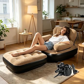 Inflatable Sofa with Pump Inflatable Couch Waterproof Air Sofa Inflatable Chair with Plush Cover Portable Air Chair Inflatable Chair Sofa for Living Room Bedroom Garden