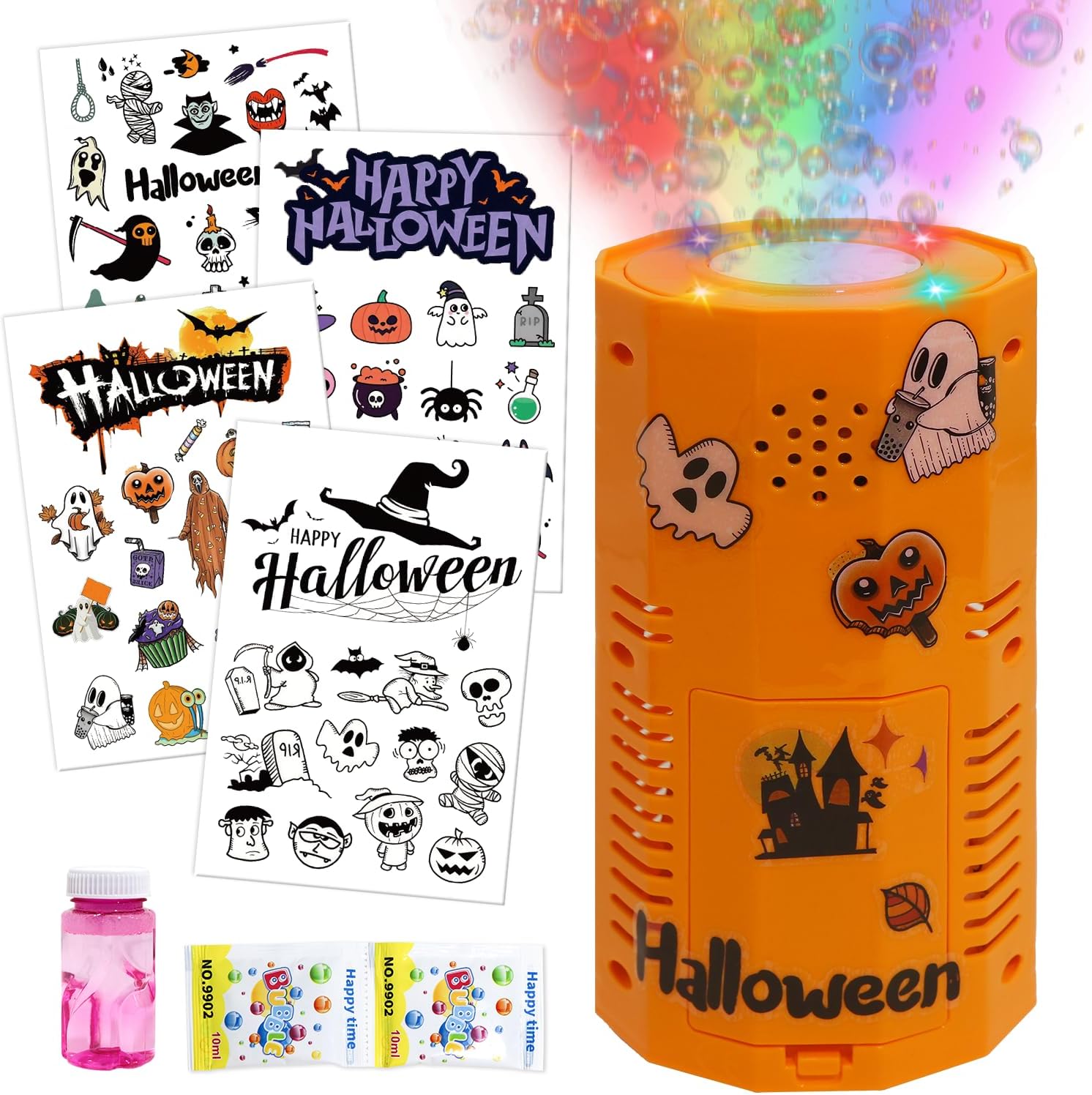 Halloween Bubble Machine with DIY Sticker,Portable Automatic Bubble Machine with Lights and Spooky Sound Effects/DIY Sticker,Bubble Maker Toys for Kids & Adults Outside Activities Parties Halloween Halloween a