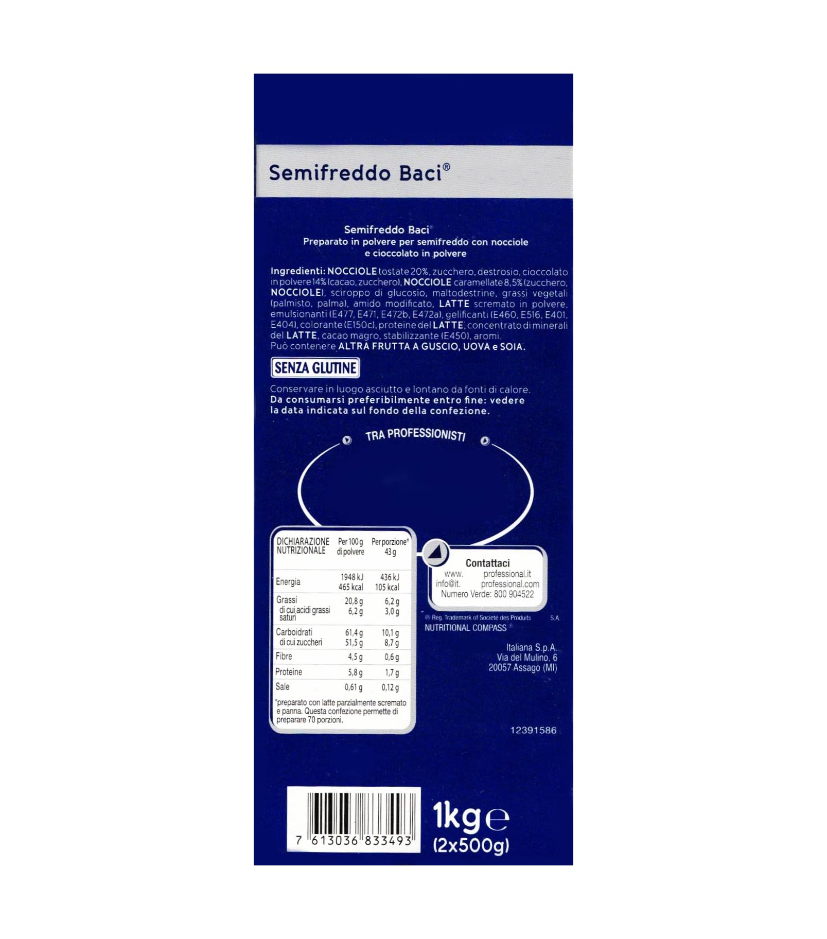 Baci Semifreddo Preparato in Polvere con Nocciole e Cioccolato 1 kg, Mix Professionale per Semifreddi, Dessert al Cucchiaio e Mousse, Confezione 2 x 500 g