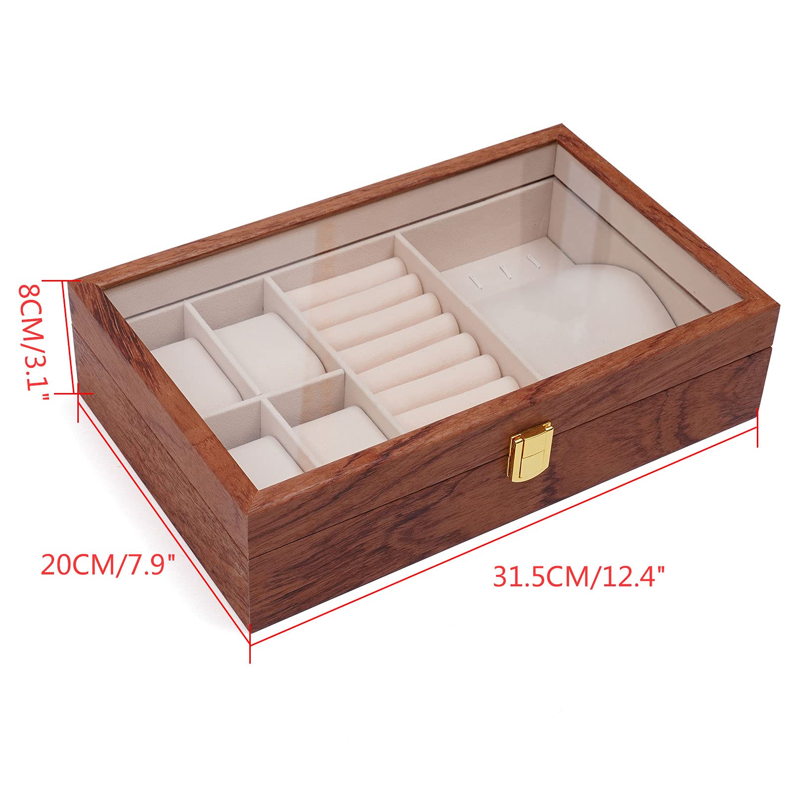 女性用木製レトロジュエリーボックス ジュエリー収納ケース ガラス蓋と