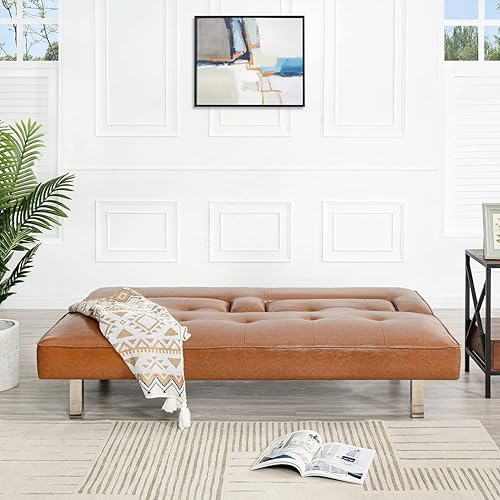 Miniatura 7 de Naomi Home Astrid - Sofá cama futón de piel sintética, moderno sofá cama plegable convertible con patas cromadas, mini sofá reclinable de cuero,
