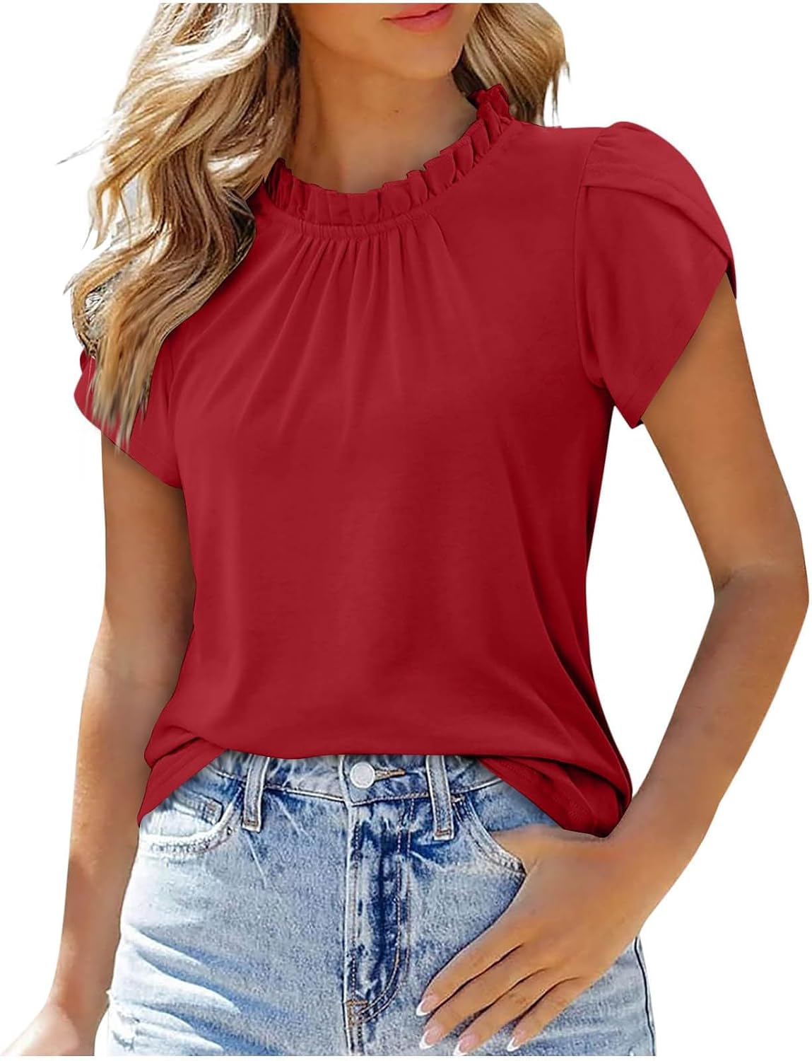 Womens Petal Sleeve Tops Summer Trendy T Shirt Casual Loose Mock Neck Pleated Front Blouse Tees