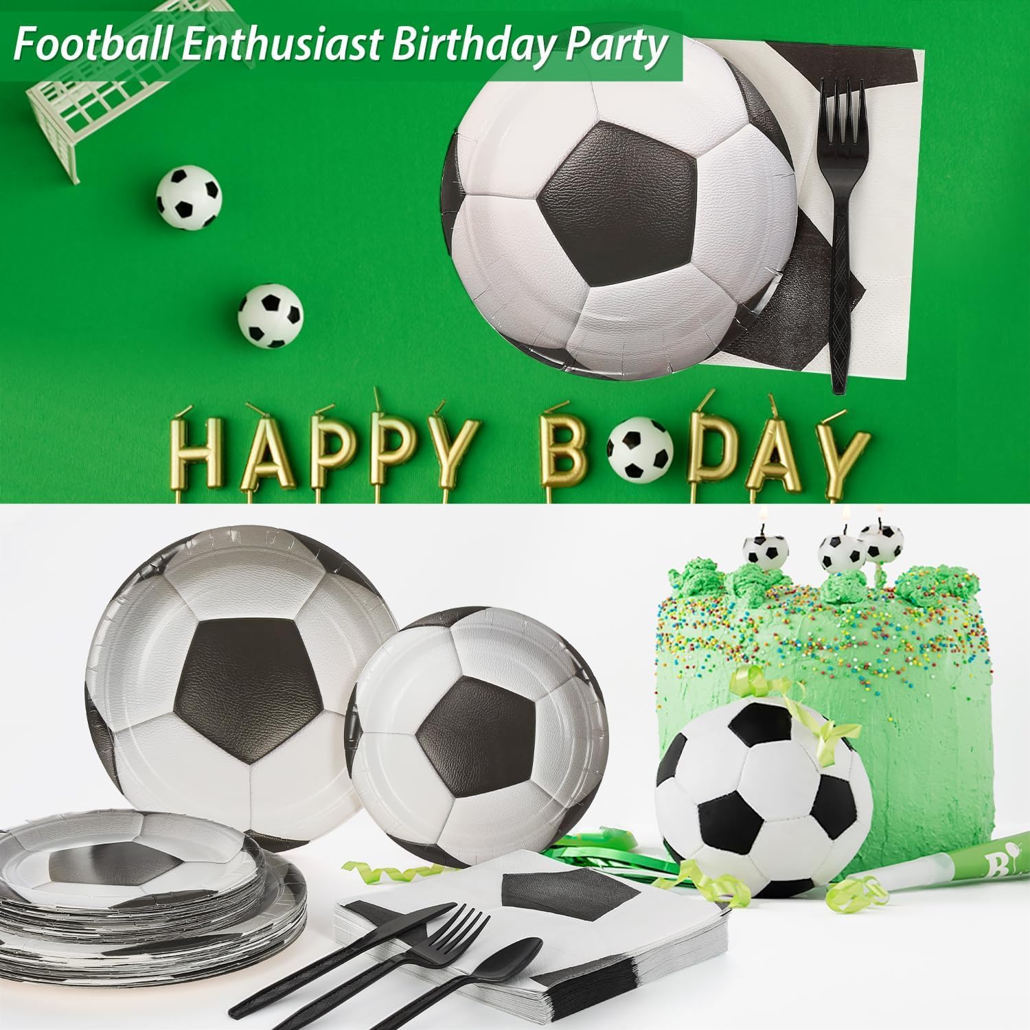 144 Pcs 3D Soccer Party Supplies Paper Plates and Napkins Dinnerware Set Tableware Supplies - Includes Paper Plates, Napkins, Forks - Serves 24 for Birthday Sports Parties