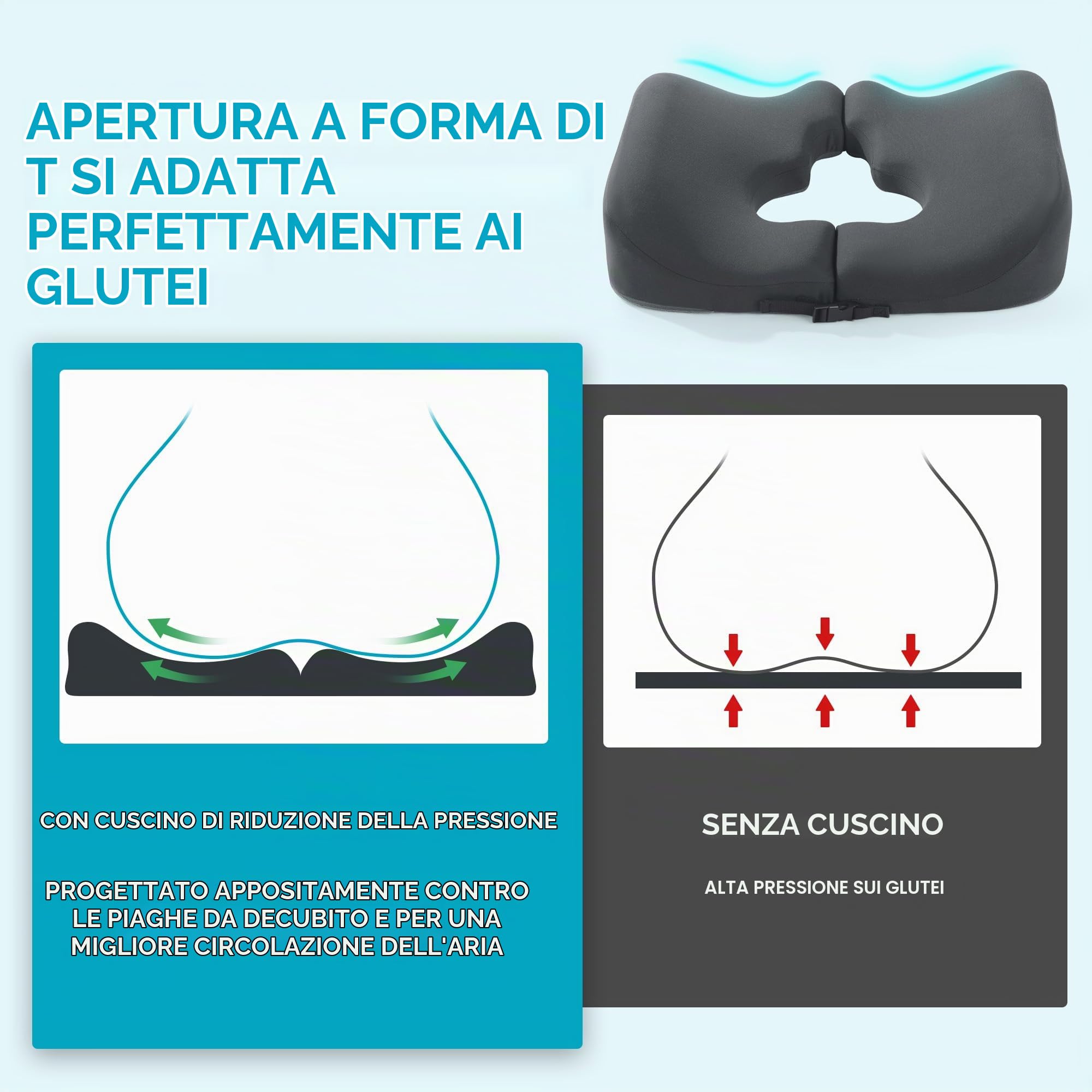Cuscino a forma di T per piaghe da decubito a livello di glutei, cuscino in memory foam per alleviare la pressione delle piaghe da decubito, cuscino per dormire e sedersi