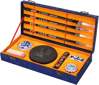MEGREZ Chinese Calligraphy Set for Beginners, Comes with Calligraphy & Sumi Brushes,Calligraphy Ink Stick and Ink Stone for Writing and Drawing, Blue Gift Box(10 Items)