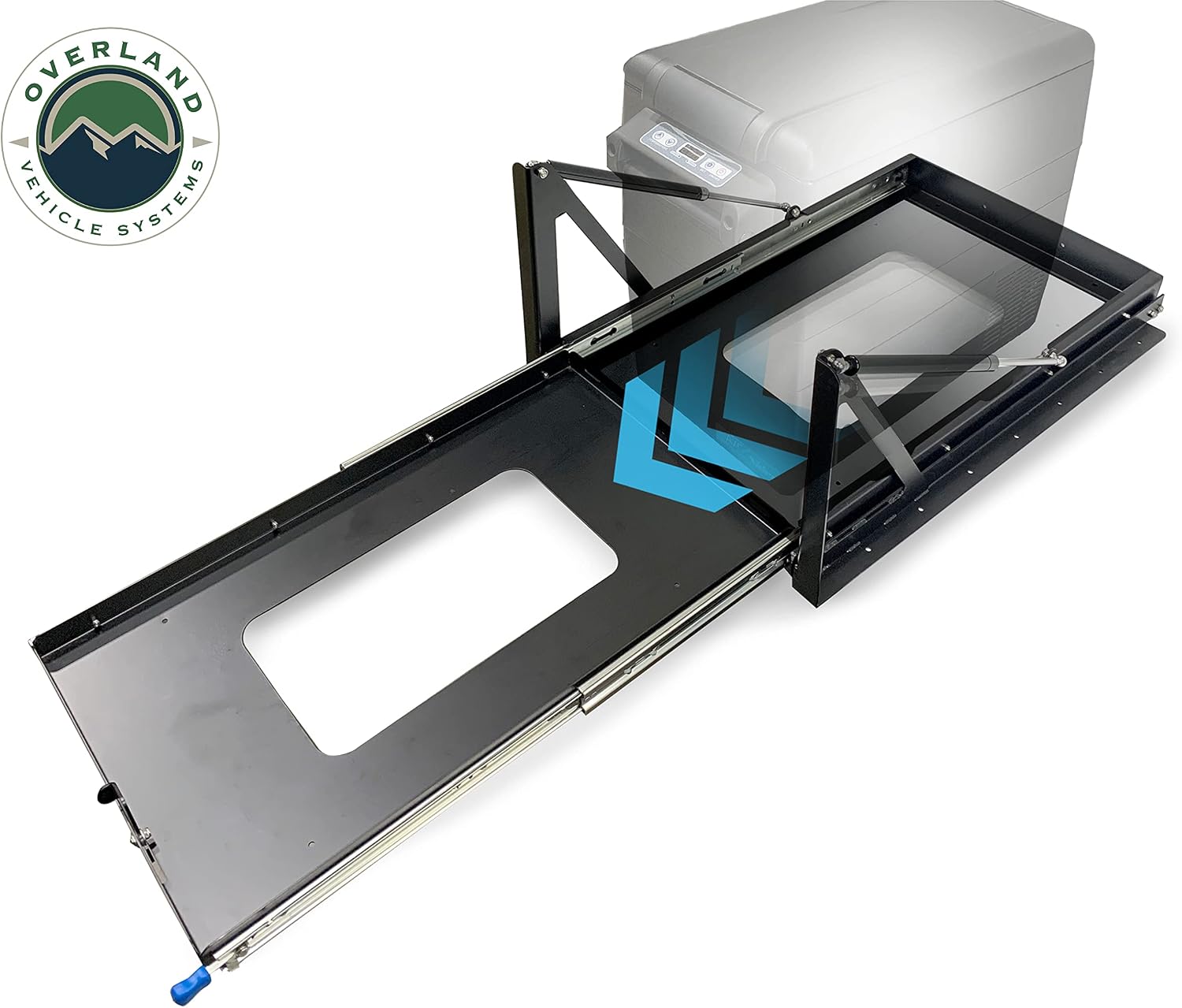 Overland Vehicle Systems Refrigerator Tray With Slide and Tilt - Size Small - Universal Fitment - Stainless Steel and Aluminum Construction - Dual Stage Powder Coat