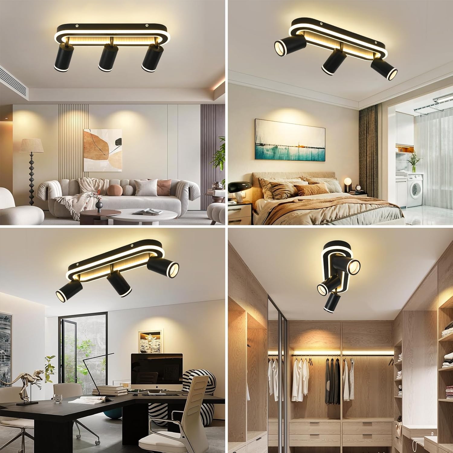 LED 3 Light Track Lighting Spotlight Kit, Black Ceiling Spotlights, Modern Track Light Fixture with Flexibly Rotatable Light Heads, 35W+15W Dual Lighting for Kitchen Living Room,Includes 3 x GU10 Bulb