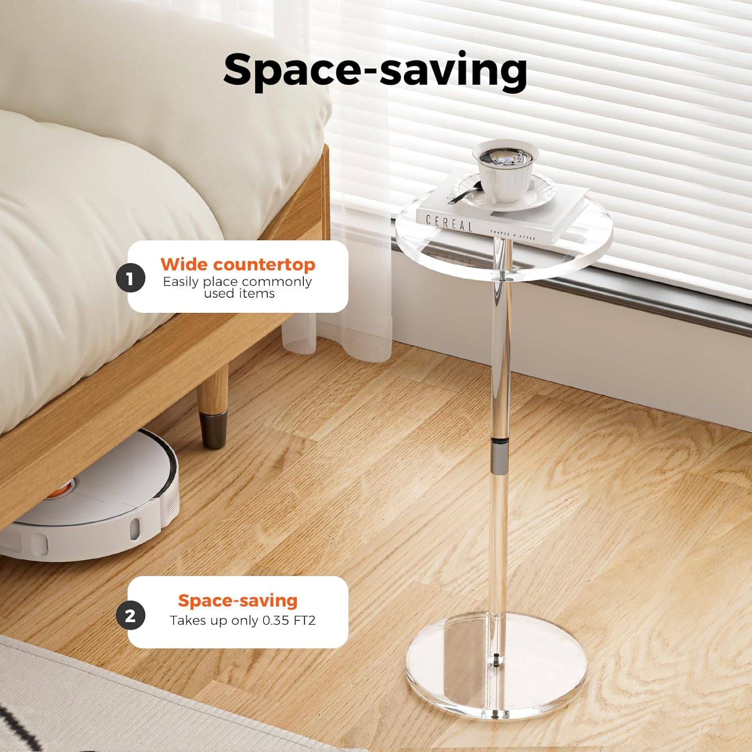 Acrylic Drink Table for Small Spaces, Clear Side Table, 10" L x 10" W x 21.3" H, Round End Table for Living Room, Bedroom, Office, Easy Assembly