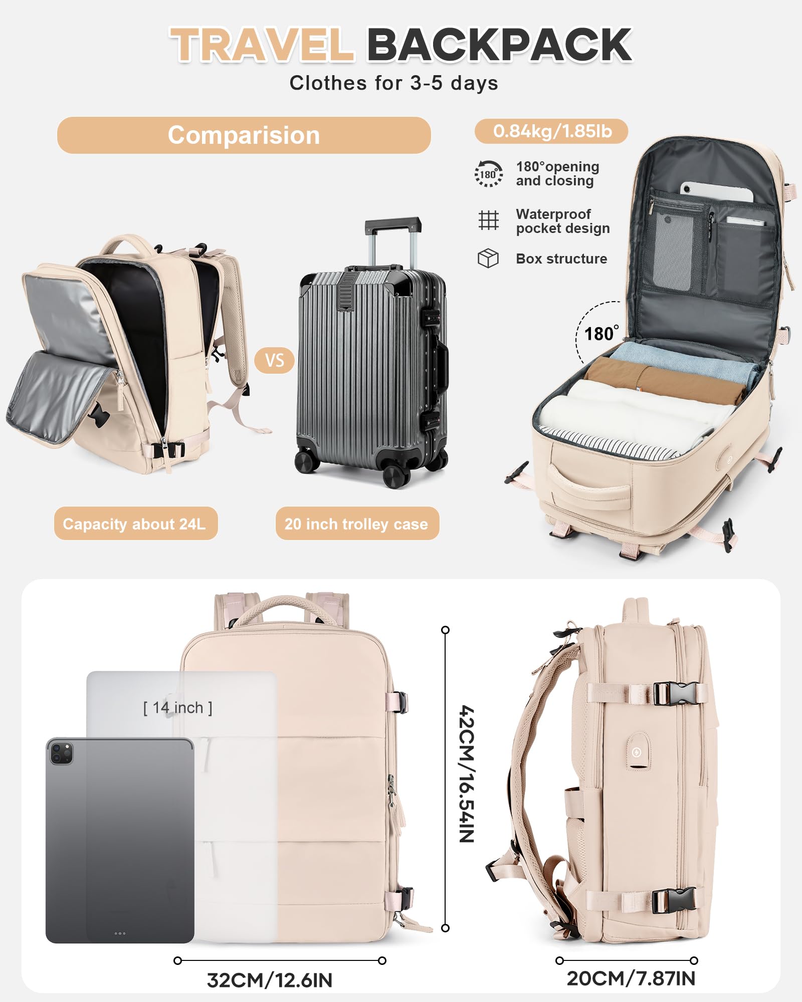 BJLFS Borse da Cabina per Ryanair 40x20x25 Bagaglio a Mano Zaino Borsa Zaino da Viaggio, Zaino da trekking,Zaino Easyjet 45x36x20,Zaino Casual per laptop da 14 pollici per scuola