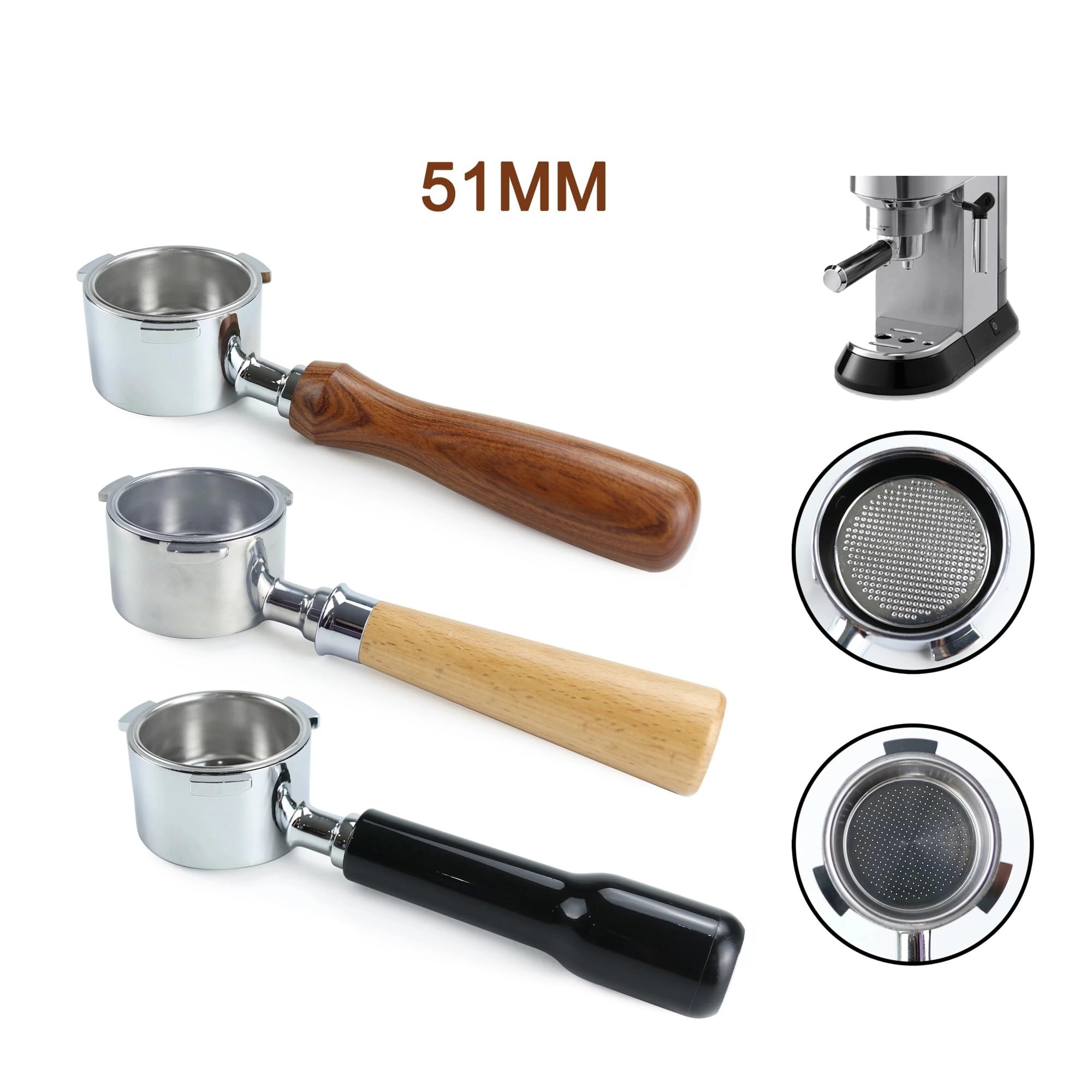 Portafiltro Sin Fondo For Café, Compatible Con Delonghi, Dedica Ec680 Ec685, Mango De Madera Maciza, Herramientas For Cesta De Filtro De Repuesto De 51MM, Adaptación Precisa