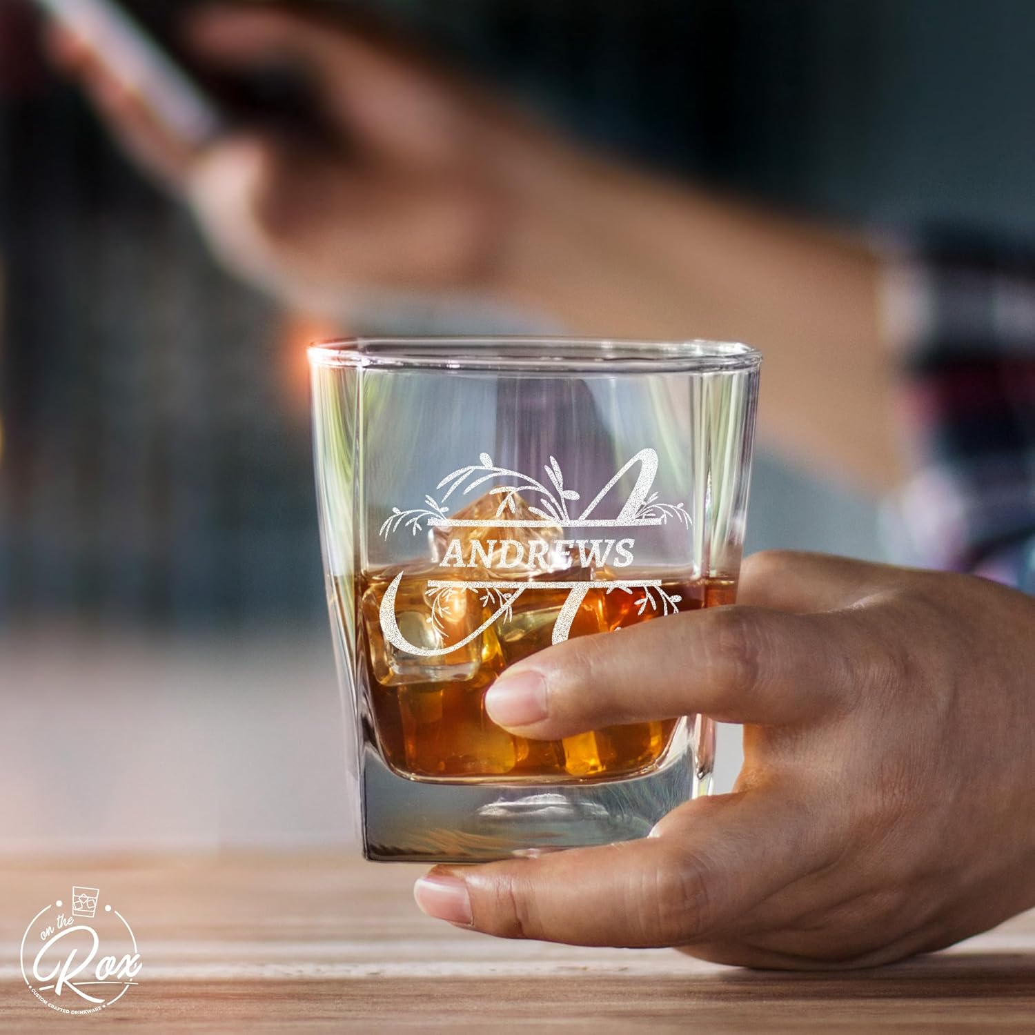 Personalized Whiskey Glass Gifts - Custom Engraved Square Bottom Glass for Wedding - 12 oz Bourbon, Scotch Glass - Groomsman Favors (Name Monogram)