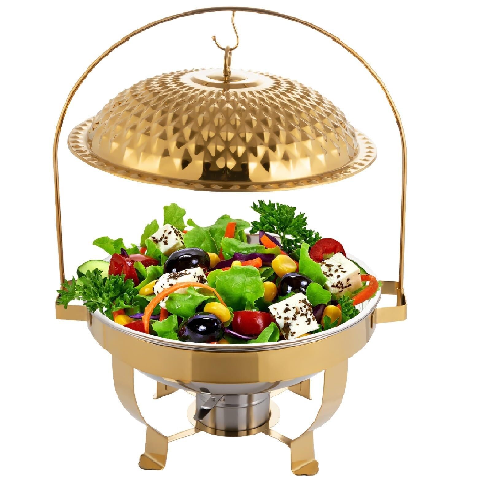 Scaldavivande for Buffet Set da 4 in Acciaio Inossidabile Cucina a buffet | Stufa da pranzo rotonda con coperchio sospeso in oro Chafer a buffet(8.5QT)