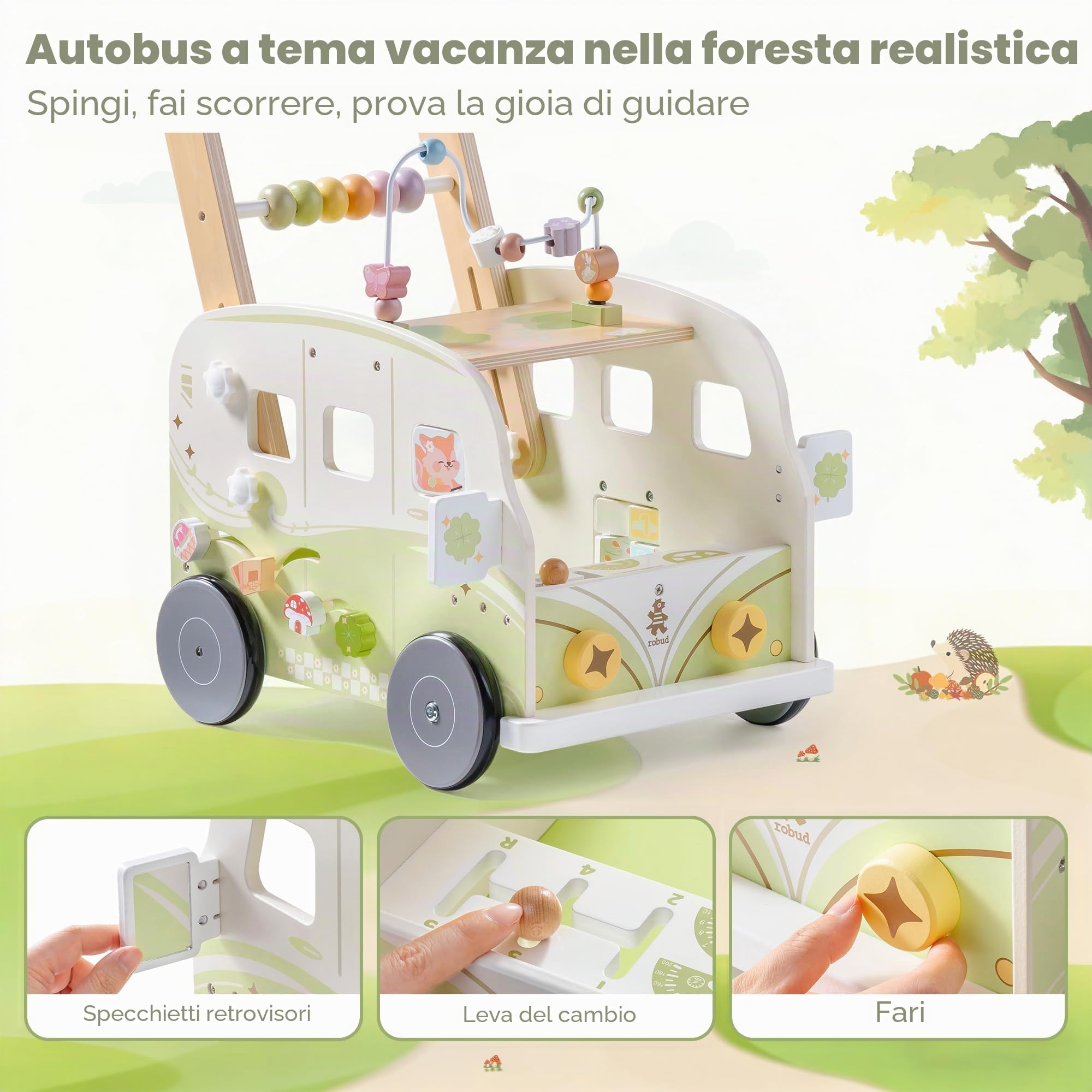 ROBUD Girello in legno, velocità e altezza regolabili per bambini, giocattolo educativo, regalo per ragazzi e ragazze a partire dai 10 mesi, 1-2 anni, verde