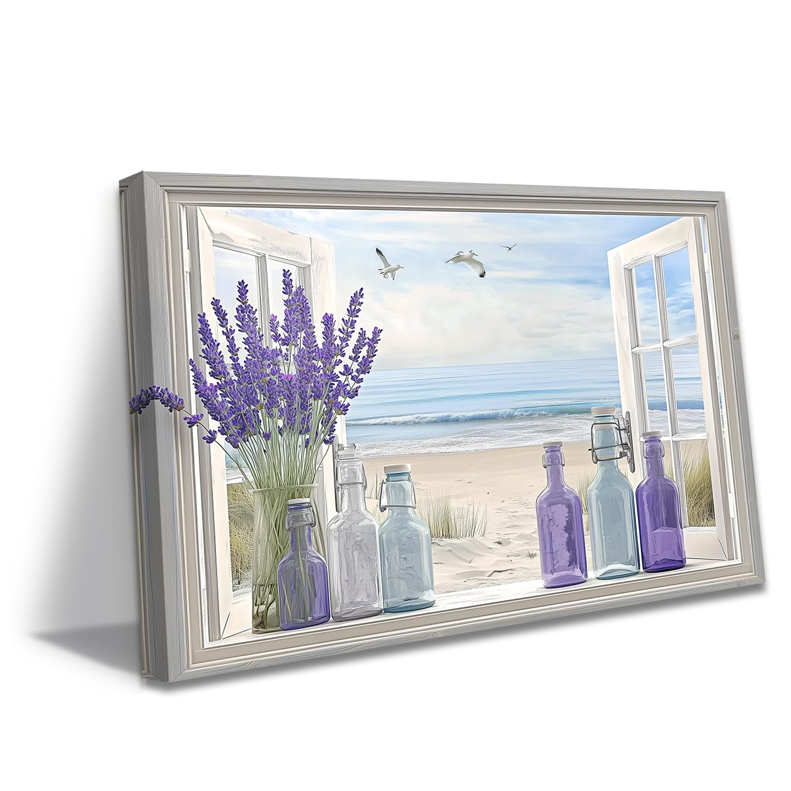 ZXHYWYM Window Wall Art Bathroom Pictures Wall Decor Lavender Canvas Pictures Rustic Flowers Paintings Beach Window Print Farmhouse Decor Frame (White, (50L x 75W cm))