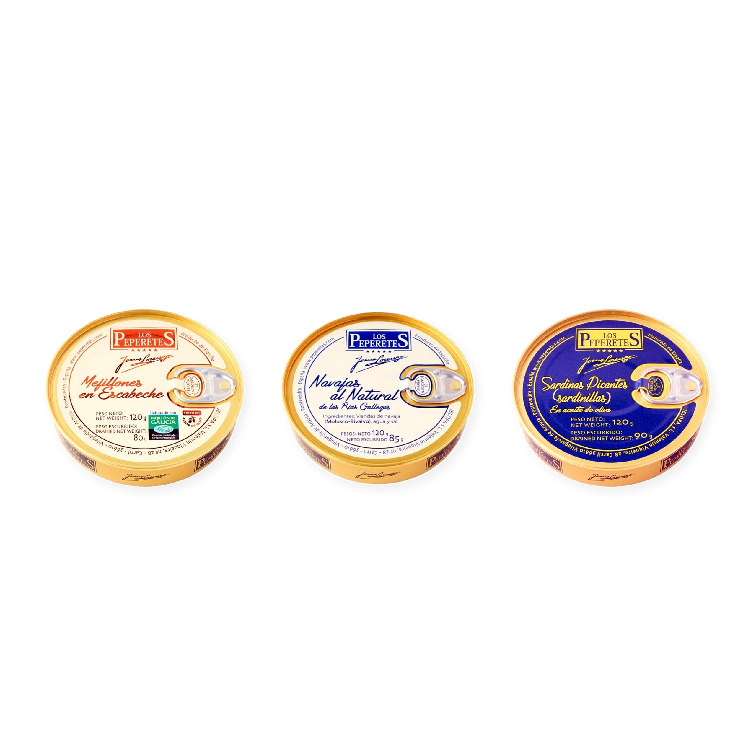 los peperetes conservas Mejillones Escabeche 10-12, Navajas Natural y Sardinillas Picantes pack 3 latas