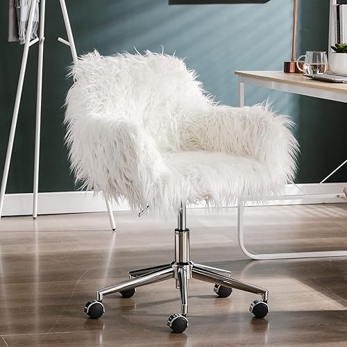 Miniatura 3 de SSLine Silla de tocador de piel sintética, moderna silla de escritorio de maquillaje peludo blanco para niñas y mujeres, elegante y cómoda silla