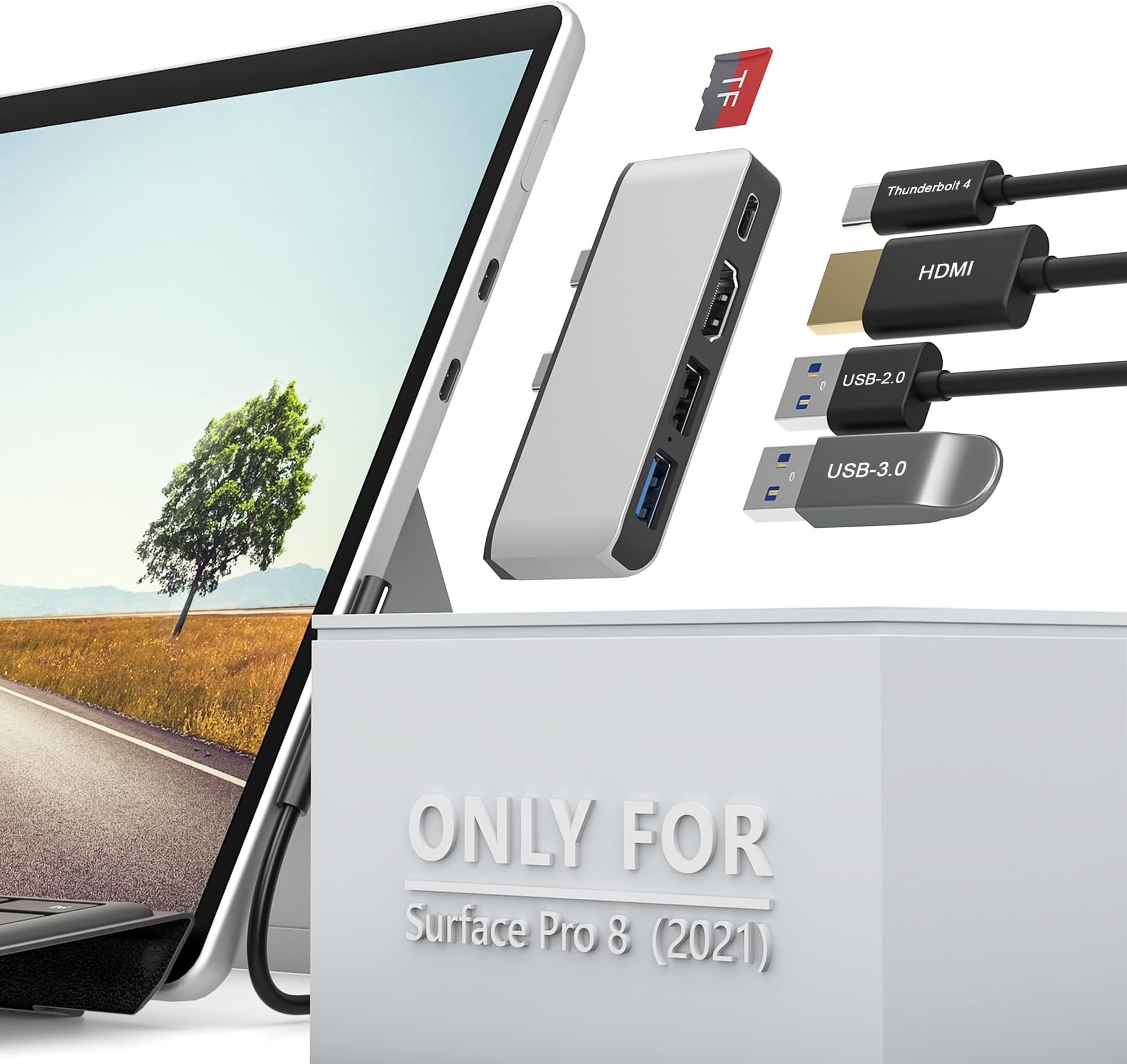 Surface Pro 8 USB C Hub Adapter with 4K HDMI, USB-C Thunderbolt 4 (Display+PD Charging+Data), USB 3.0, USB 2.0, TF Card Slot, Docking Station Dual Monitor(HDMI+USB C) for Surface Pro 8