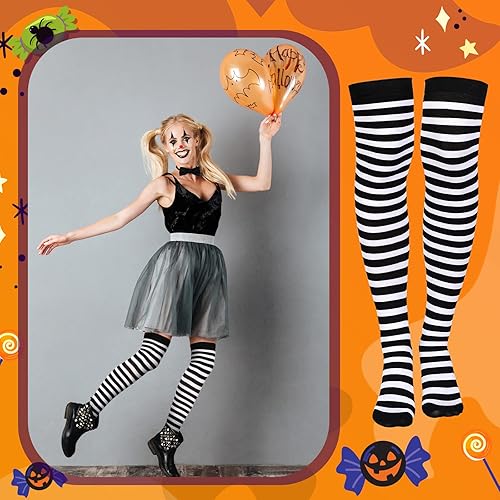 Miniatura 4 de SATINIOR Calcetines altos hasta el muslo para mujer, calcetines largos de Navidad a rayas, calcetines altos por encima de la rodilla, regalos