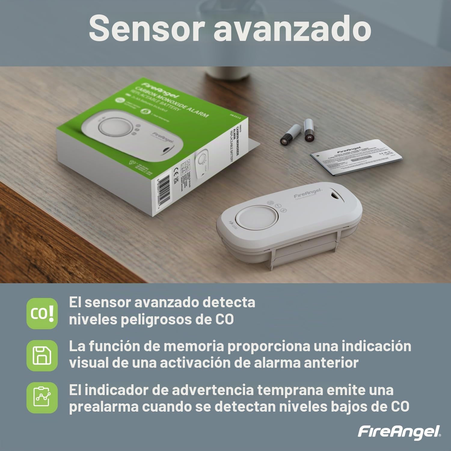 FireAngel Detector de Monóxido de Carbono con Sensor – Alarma de CO Portátil para Hogar y Vacaciones - Monitorea Monóxido Carbono - FA3313, Blanco