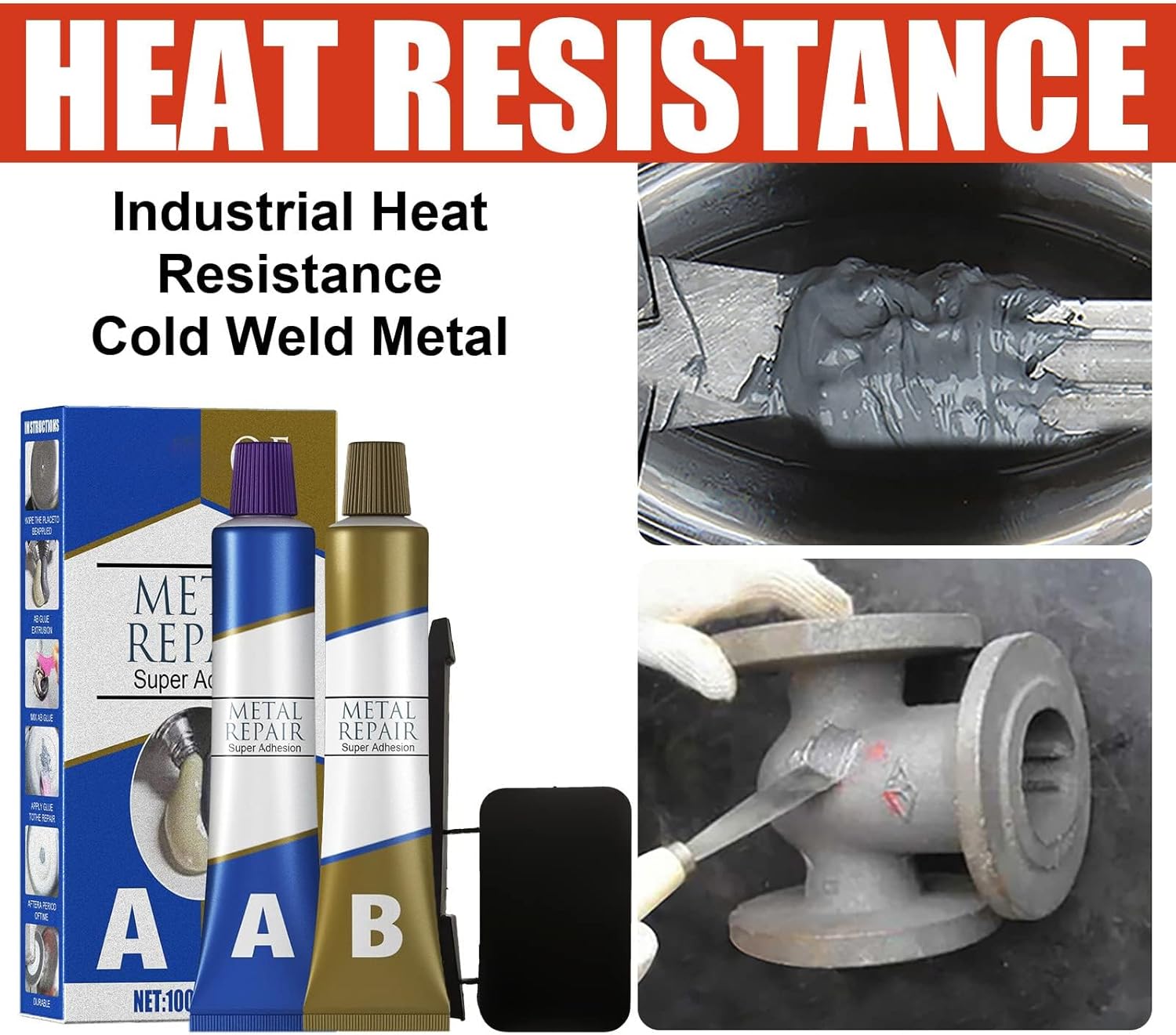 Metal Repair Glue, Liquid Weld for Metal, Industrial Heat Resistance Cold Weld Metal Repair Paste with Scraper, High Temperature Resistant Industrial Glue Welding Glue (100g 2Pcs)