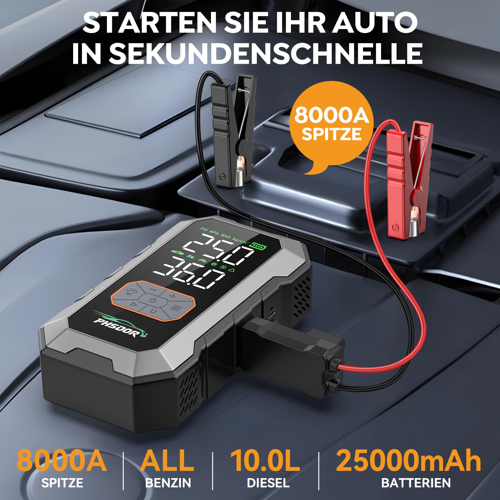 8000A Starthilfe Powerbank mit Kompressor 150PSI, 25000mAh Auto Starthilfe Powerbank für Pkw (Bis Zu All Benzin Oder 10,0L Diesel), Jump Starter Auto mit LED Taschenlampe, Silber