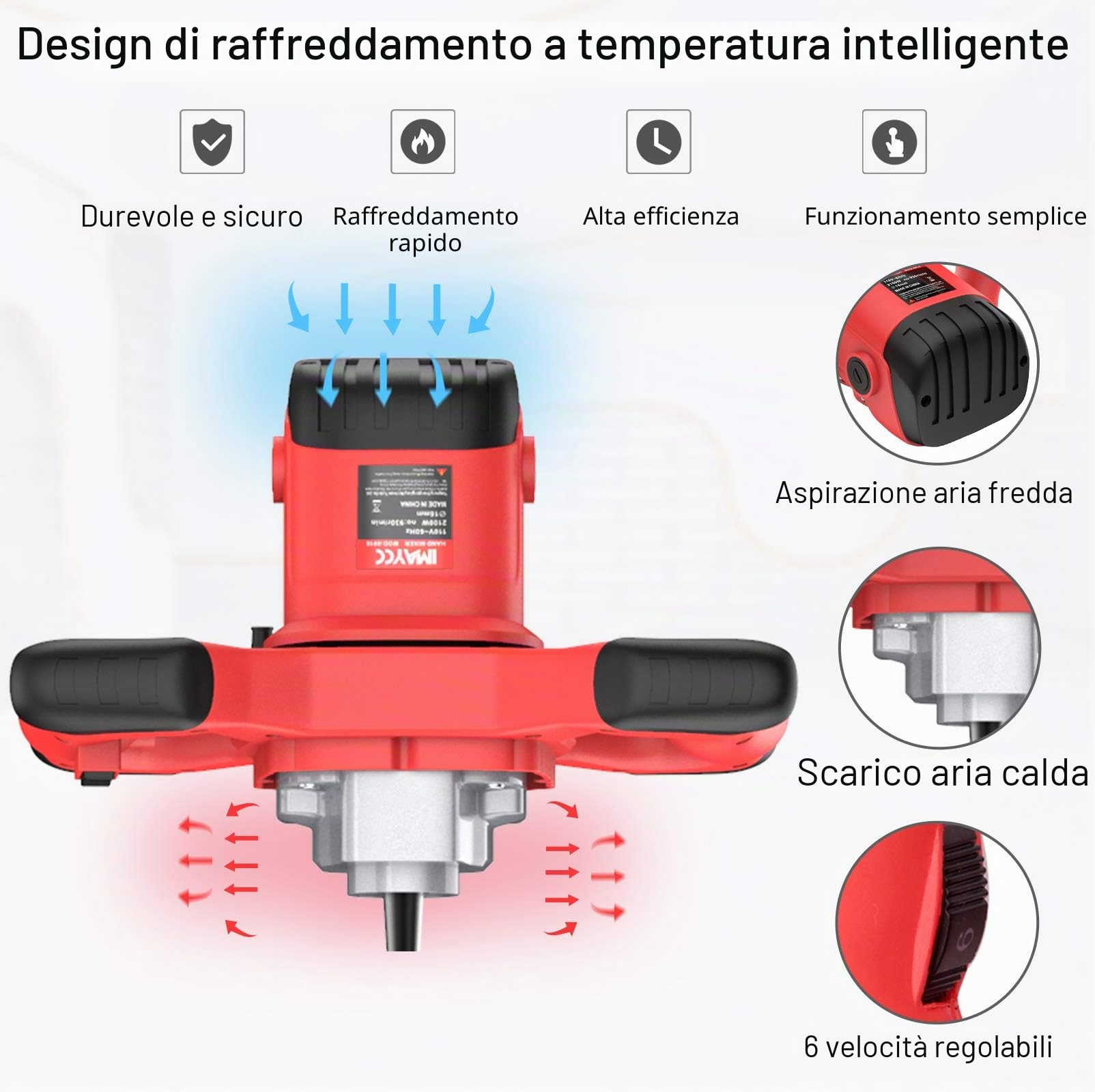 IMAYCC Mescolatore per Malta, 2100W, 270–930 Giri/Min, 6 Marce, Miscelatore per Calcestruzzo, 220 V, M14, Agitatore Manuale per Mangime, Gesso.