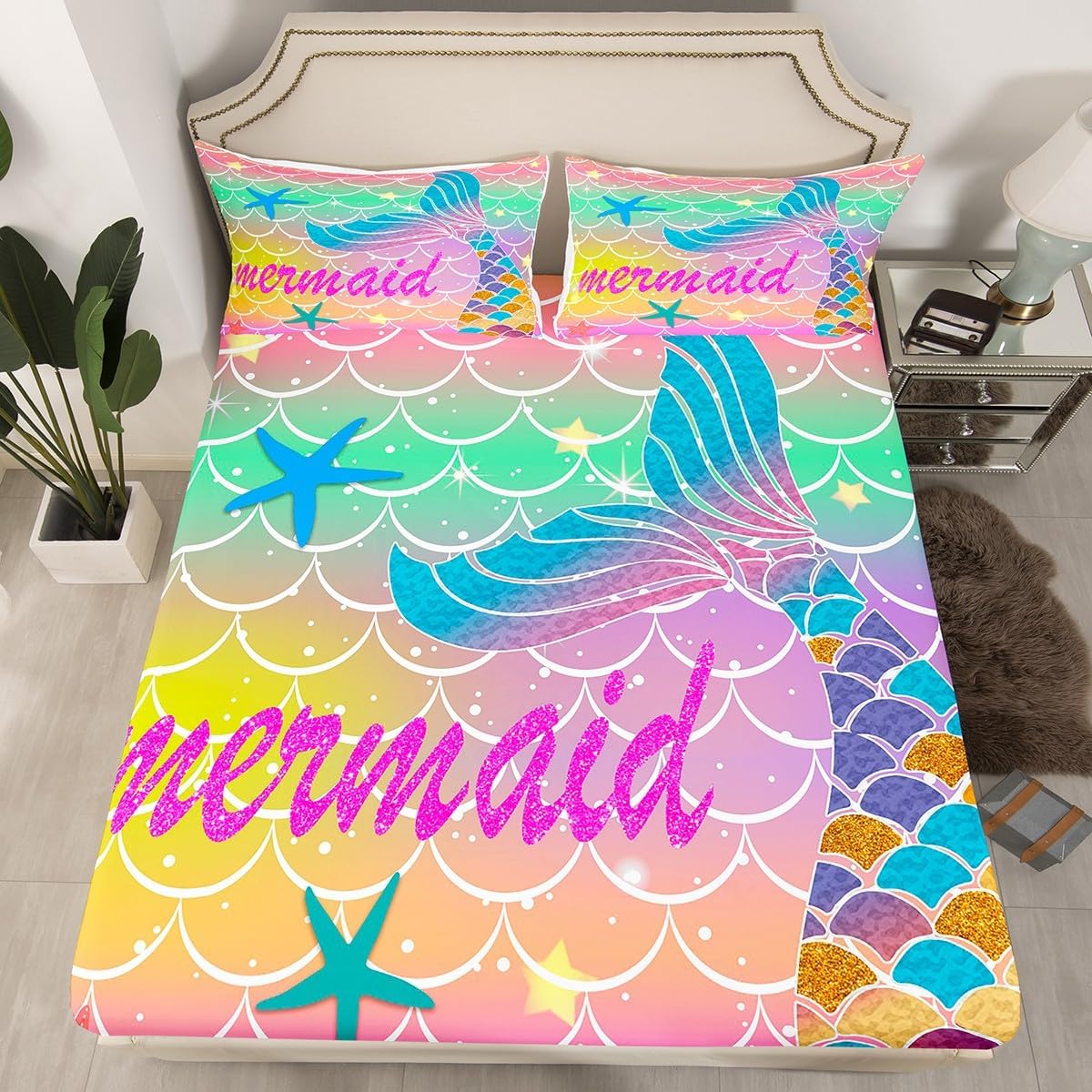 Mermaid Tail Fitted Sheet Gradient Rainbow Fish Scales Bed Sheets Full,Nautical Sea Animal Sheets Pink Green Purple Yellow Orange,Kawaii Starfish Ocean Decor