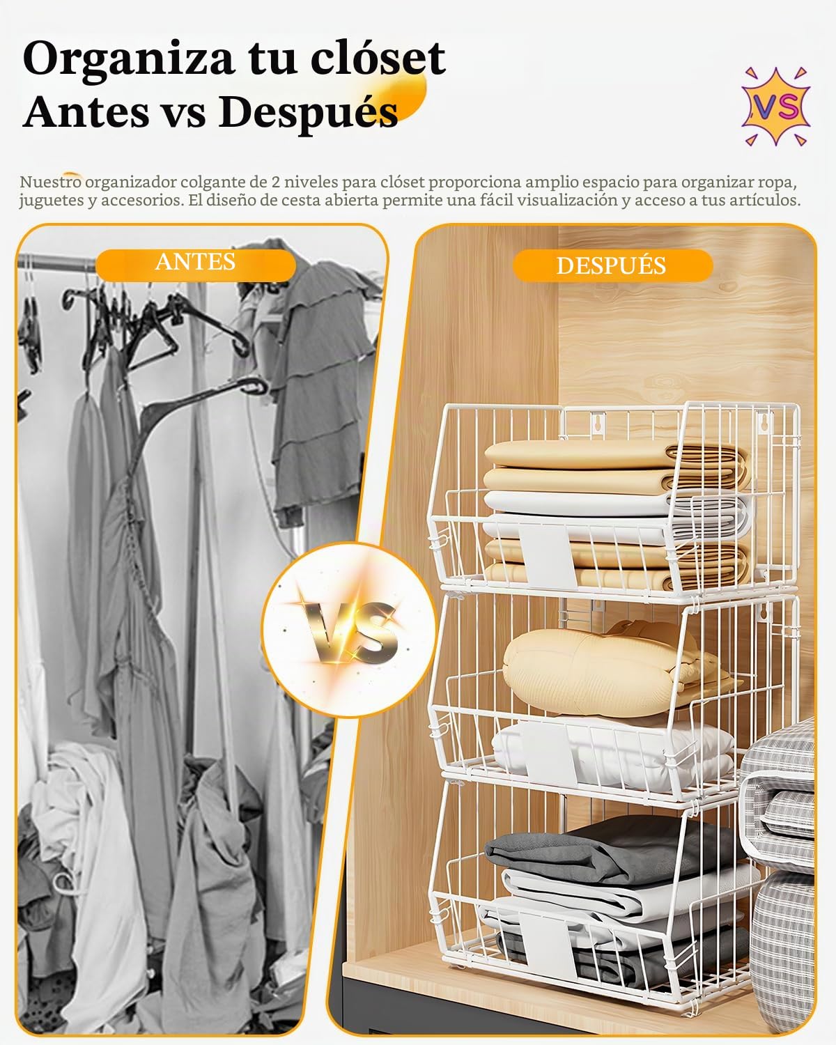 Organizador Colgante de Armario, 2 Niveles, para Ropa | Cestas de alambre abiertas, almacenamiento vertical para prendas dobladas, bolsos y accesorios