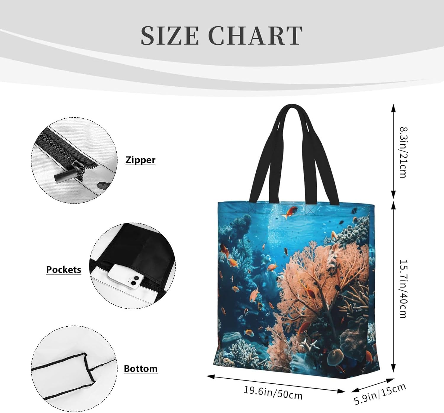 Coral Reef Print Eco-Friendly Tote Lightweight Grocery Bag Daily Commuting Travel Beach Gym Use