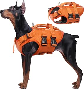 Kuoser Dog Life Jacket, High Flotation Reflective Dog Life Vest, Orange, Large
