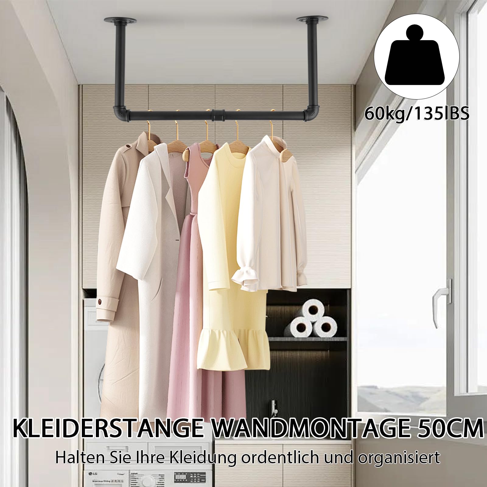 Oungy - Set di 2 aste appendiabiti da parete, design industriale, 60 cm, nere, aste appendiabiti da parete, portabiti in metallo per armadio, lavanderia