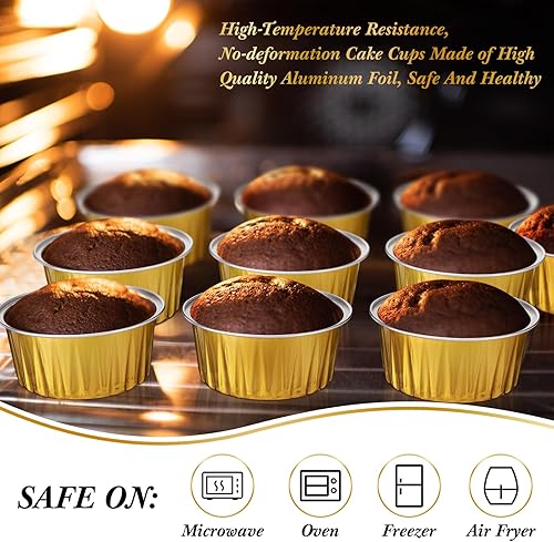 Miniatura 3 de Gejoy 400 Piezas Moldes de Papel de Aluminio para Hornear con Tapas 5 oz Moldes Desechables Ramekins Mini Moldes para Pasteles Crème Brûlée Moldes