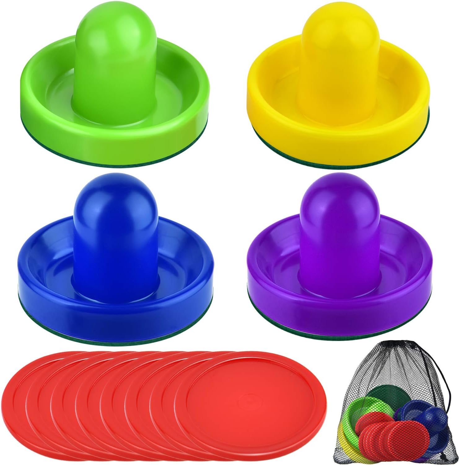 Coopay Air Hockey Pushers and Pucks, Air Hockey Paddles with Felt Bottoms, Goal Handles Paddles Replacement Accessories with a Drawstring Bag for Game Tables (4 Striker, 8 Red Puck Pack)