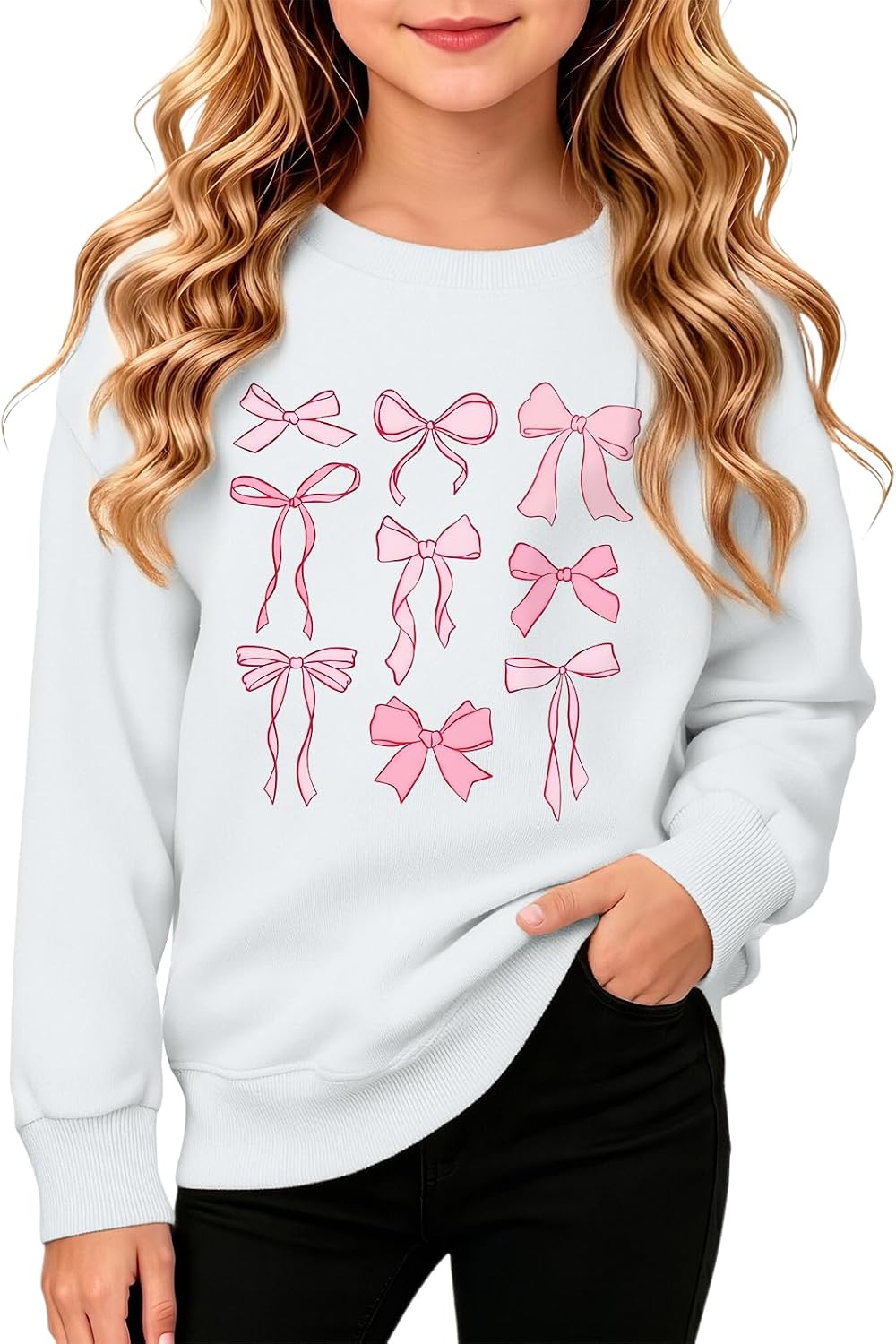 Girls Bow Sweatshirt Cute Graphic Tween Kids Sweatshirts Trendy Crewneck Pullover Coquette Preppy Clothes for Girl
