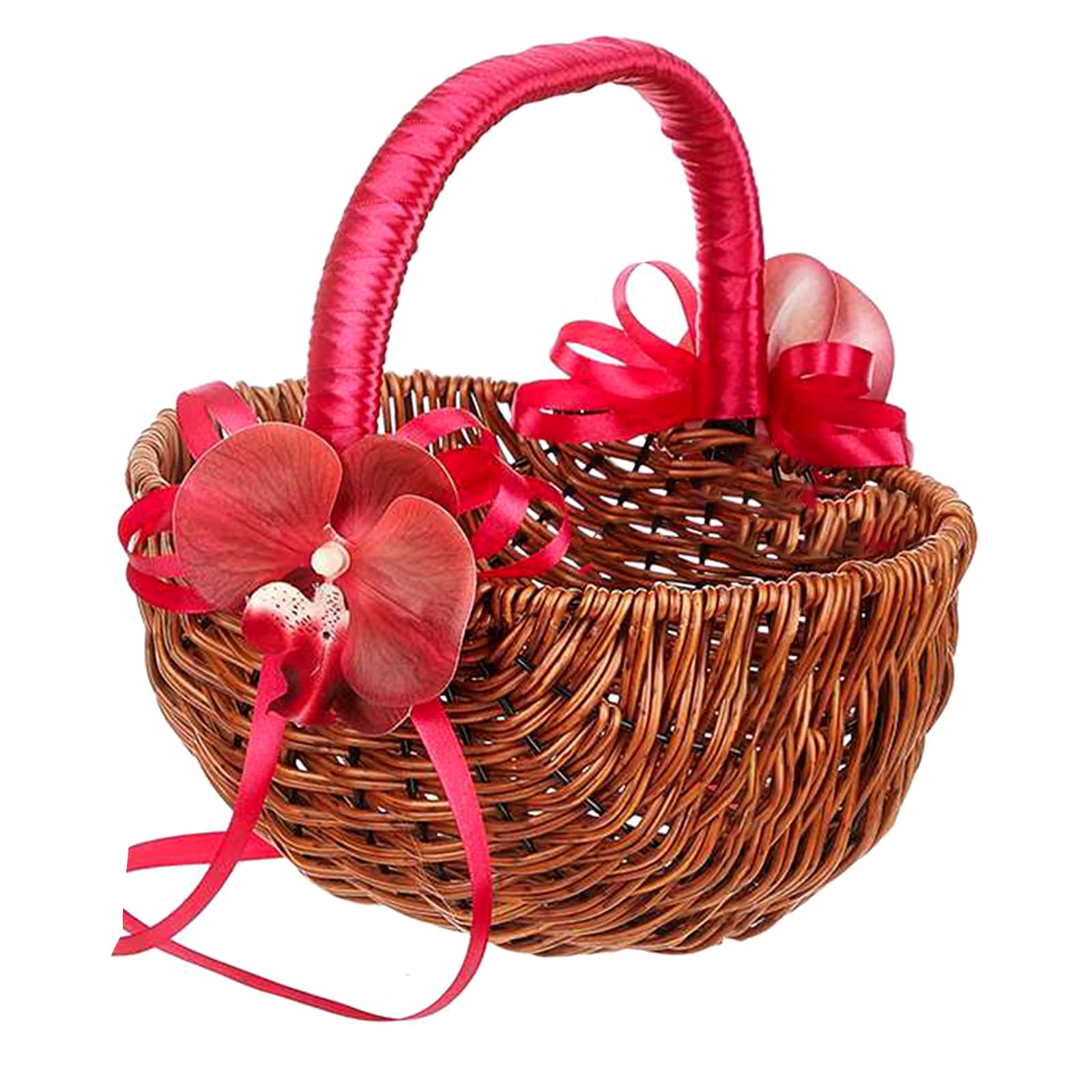 Kalttoy Girls Rose Red Handle Decorative Wicker Flower Baskets With Pearls And Ribbons Perfect For Wedding Aisle Elegant Ceremony Ornament Pearls Handle Basket
