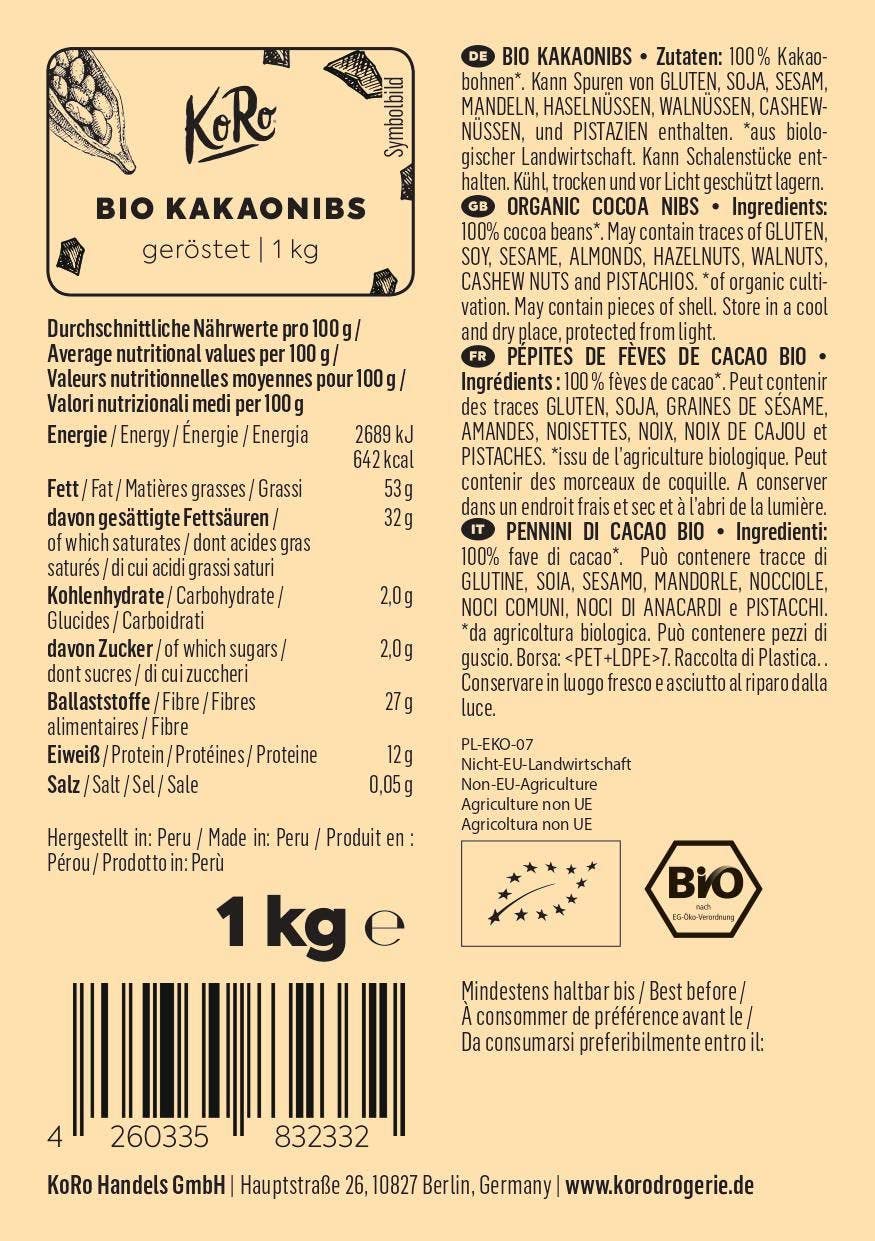 ‎KoRo Pépites de Fèves de Cacao Bio au Goût Intense de Cacao, 1 kg